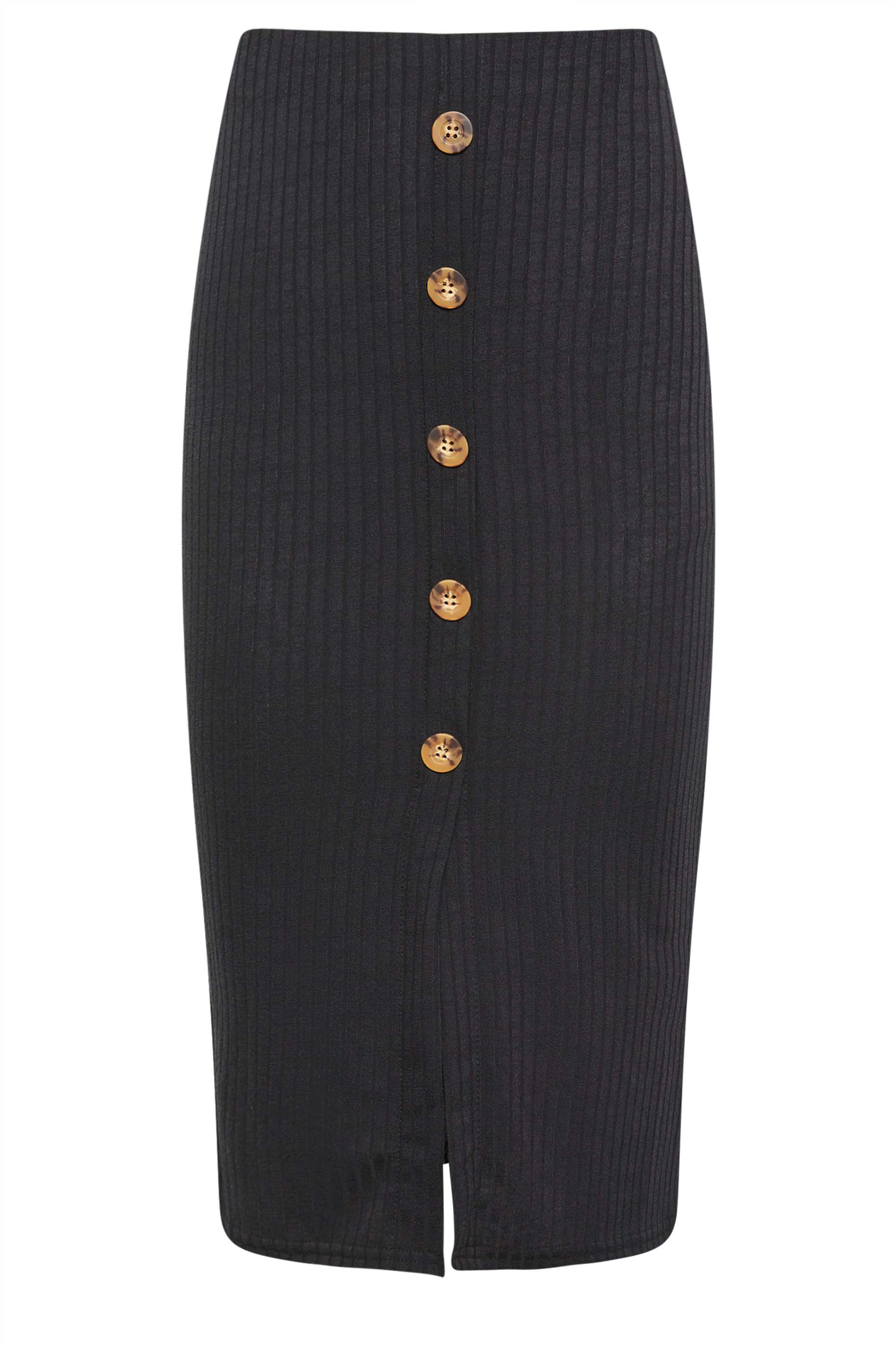Petite Black Ribbed Button Detail Skirt | PixieGirl 4