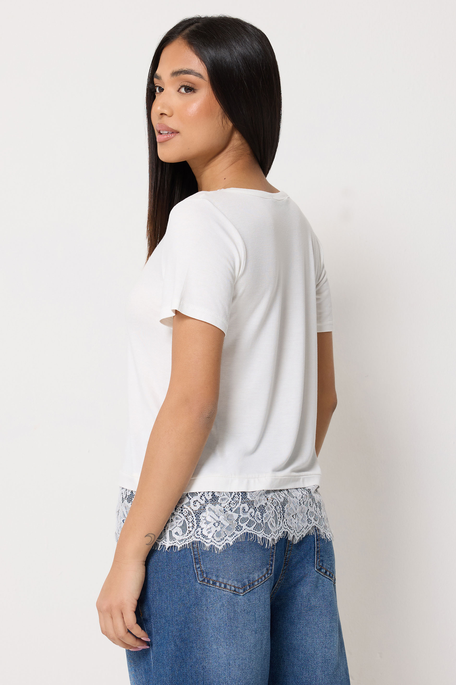 M&Co Petite Ivory White Lace Hem T Shirt | M&Co 2