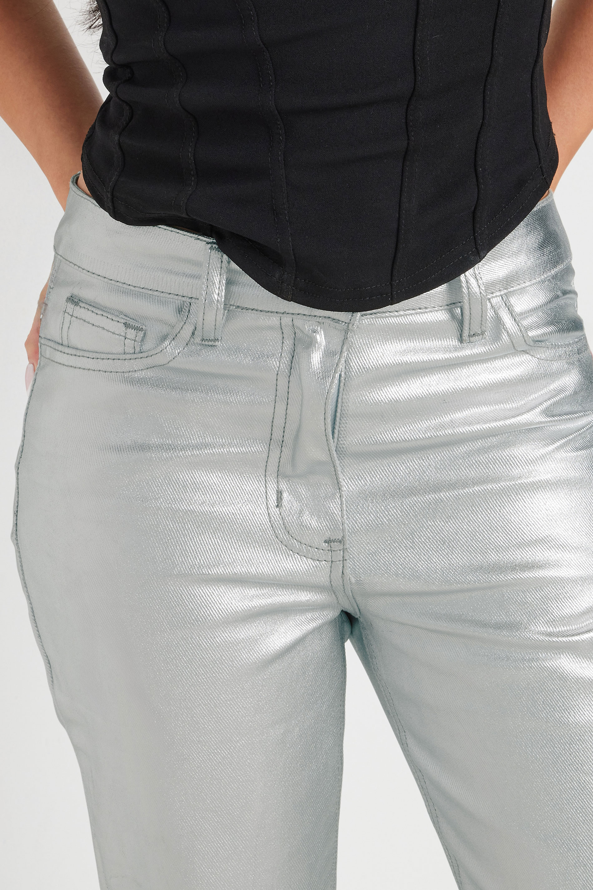 PixieGirl Petite Women's Silver Non-Stretch Metallic Straight Leg Jeans | PixieGirl 5