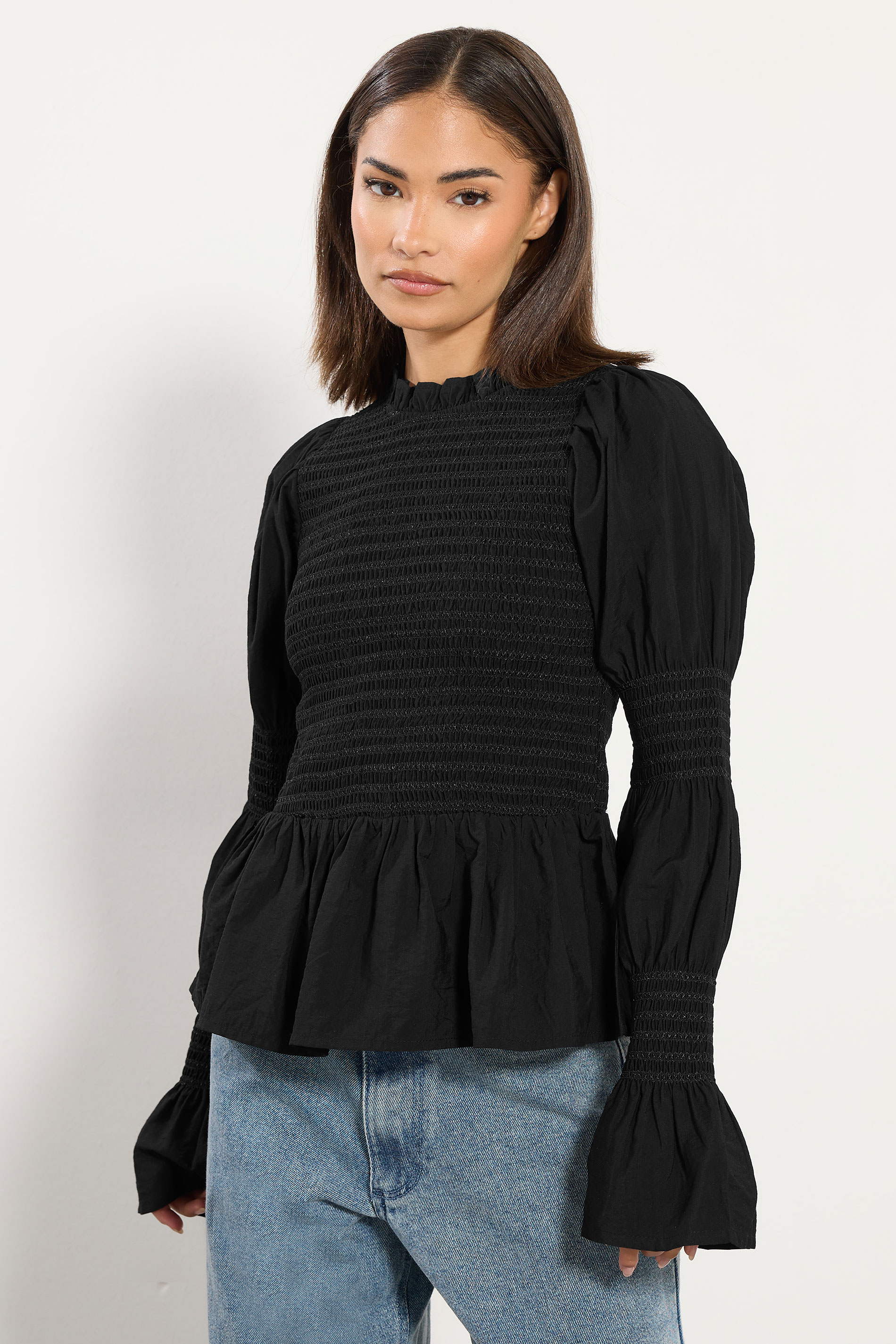 PixieGirl Petite Women's Black Shirred Peplum Smock Top | PixieGirl 1