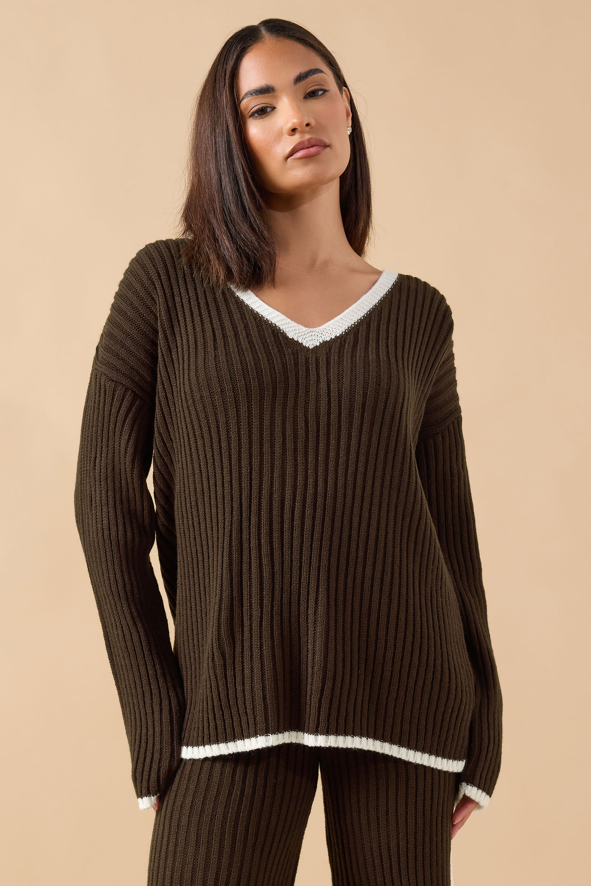 PixieGirl Petite Women's Chocolate Brown Knitted V-Neck Jumper | PixieGirl 1