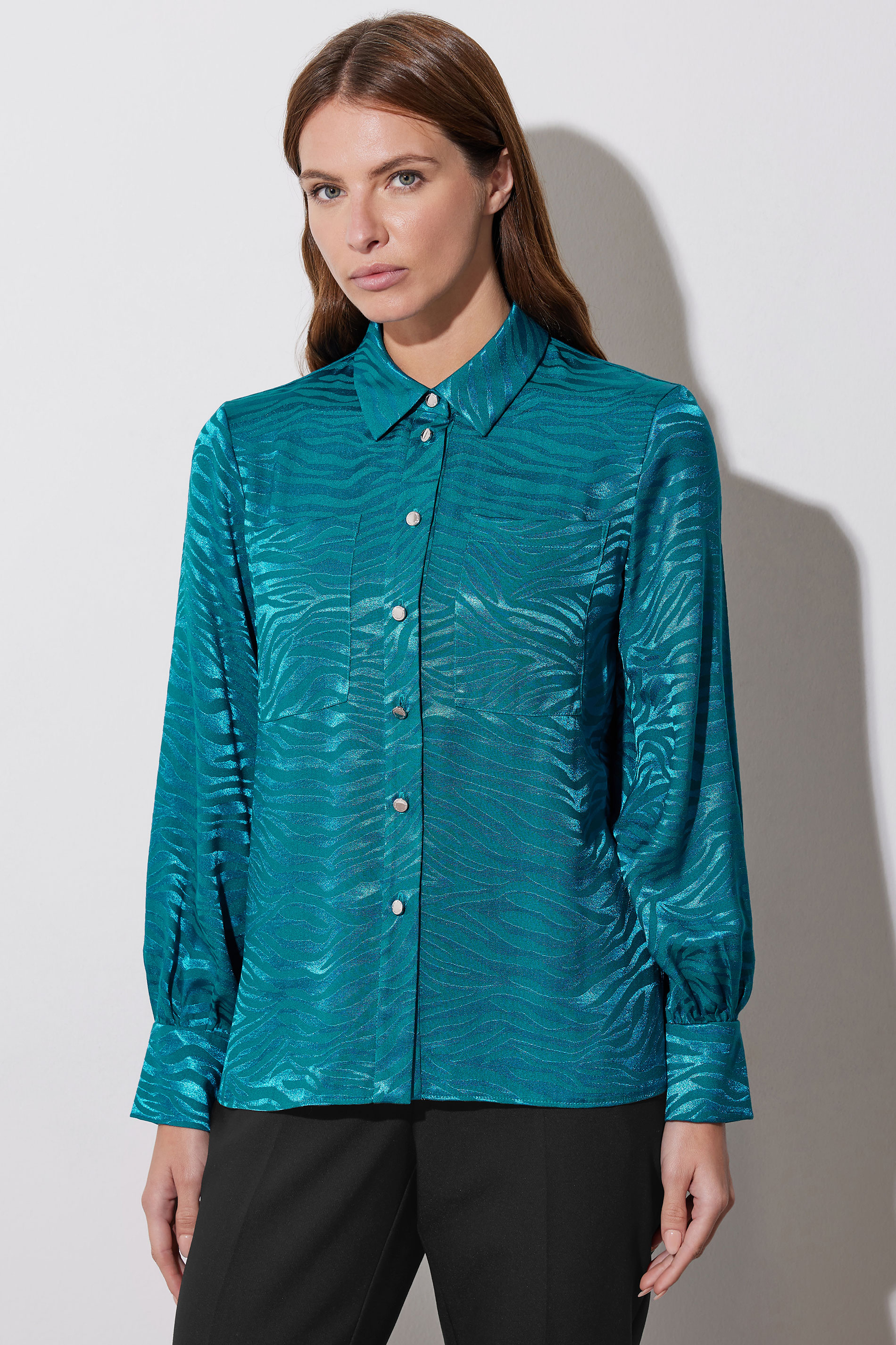 STAR Teal Blue Animal Print Satin Jacquard Shirt | StarByJM 4