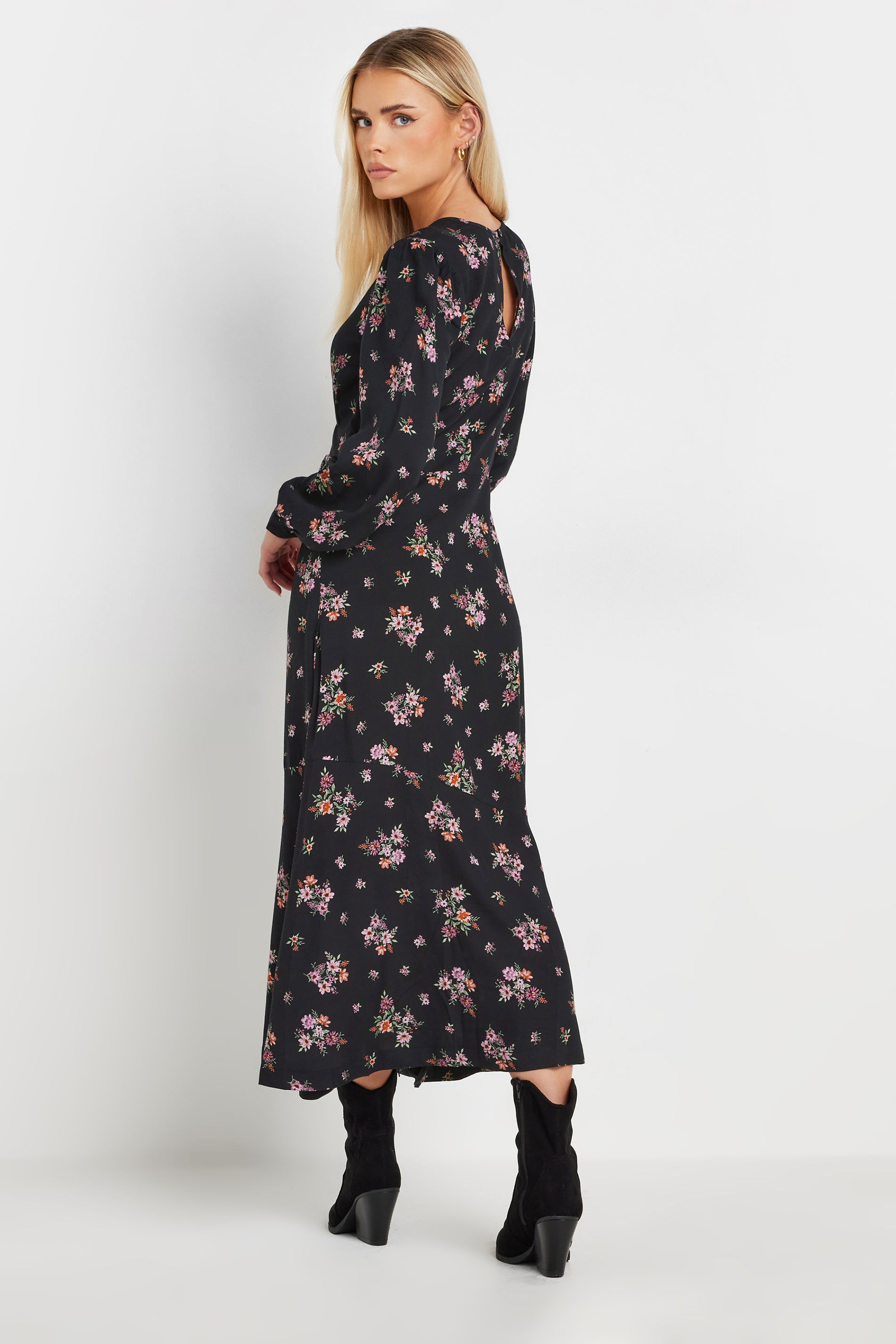 PixieGirl Petite Women's Black Floral Print Long Sleeve Midaxi Dress | PixieGirl 3