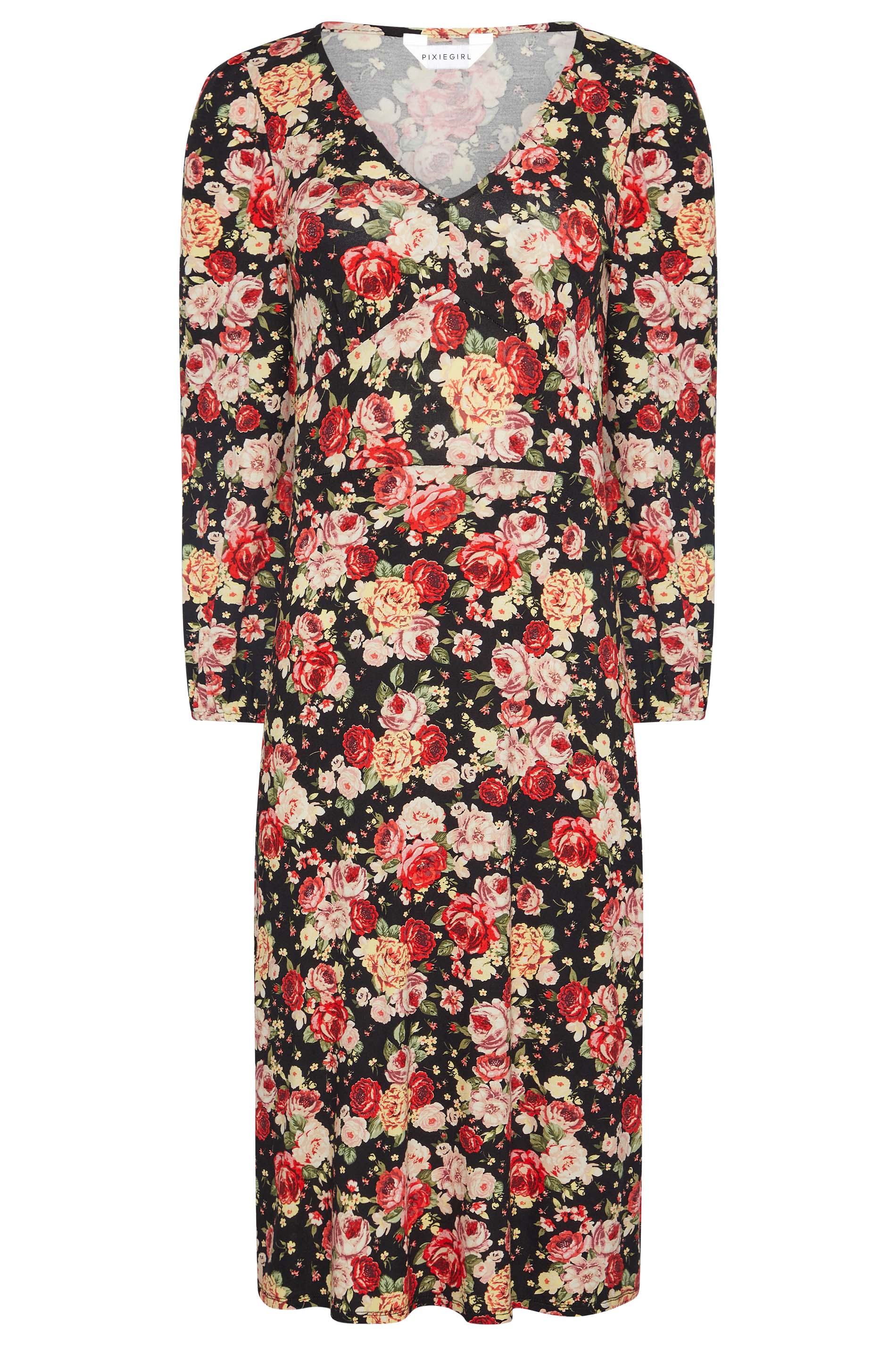 Petite Black Floral V-Neck Dress | PixieGirl 7