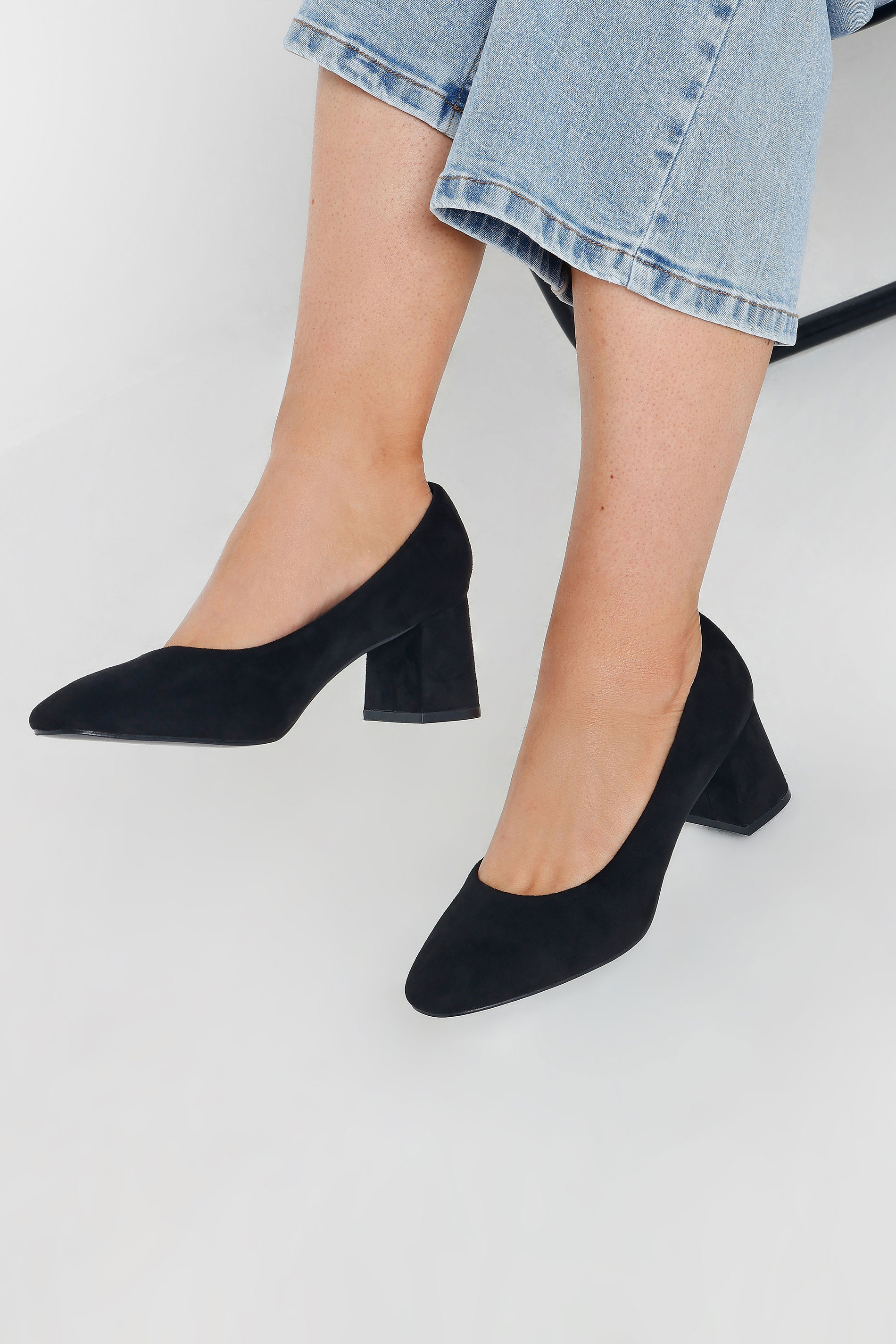Black Faux Suede Mid Block Heel Court Shoes In Extra Wide EEE Fit | Yours Clothing 1