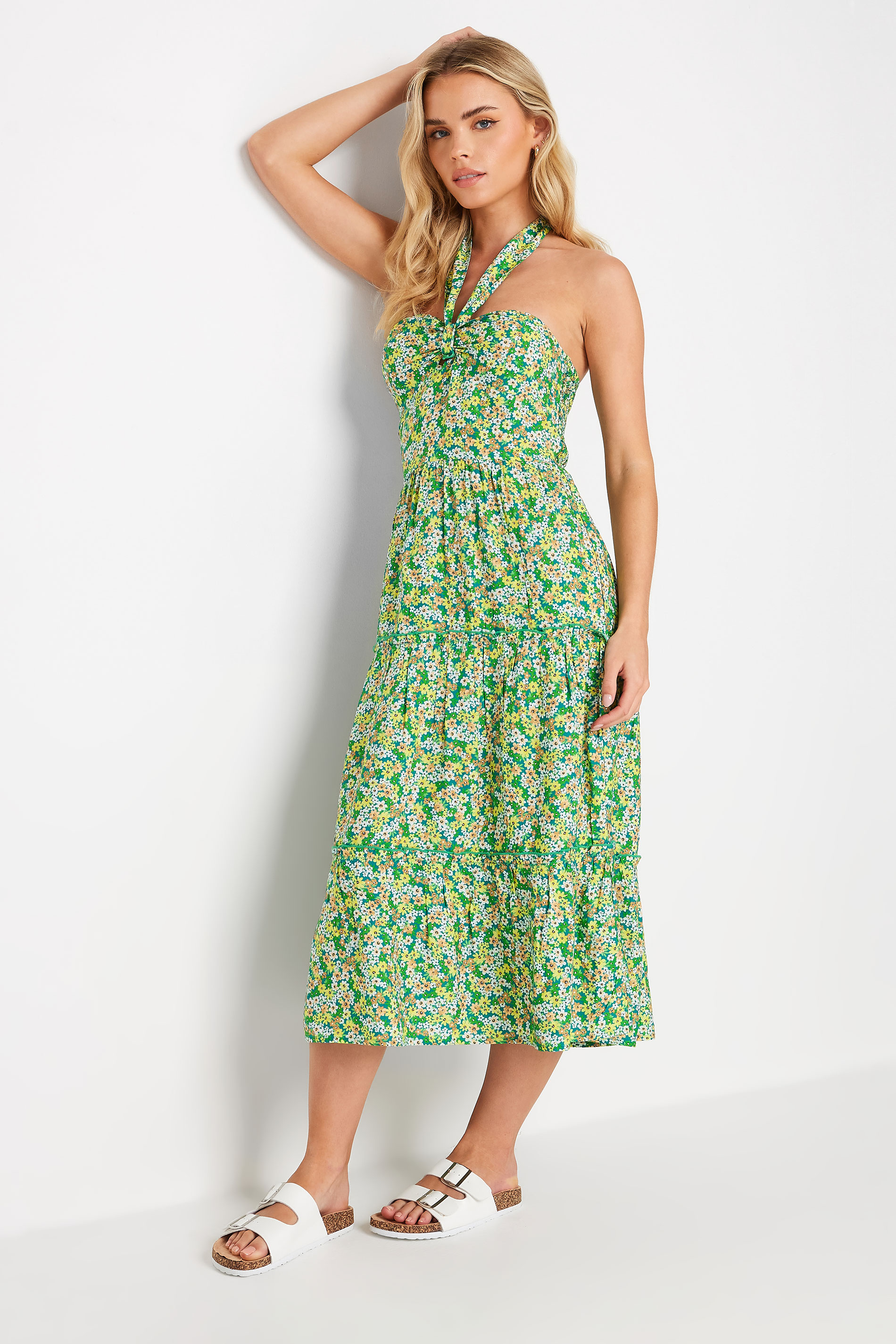 PixieGirl Petite Women's Green Halterneck Ditsy Floral Midi Dress | PixieGirl 1