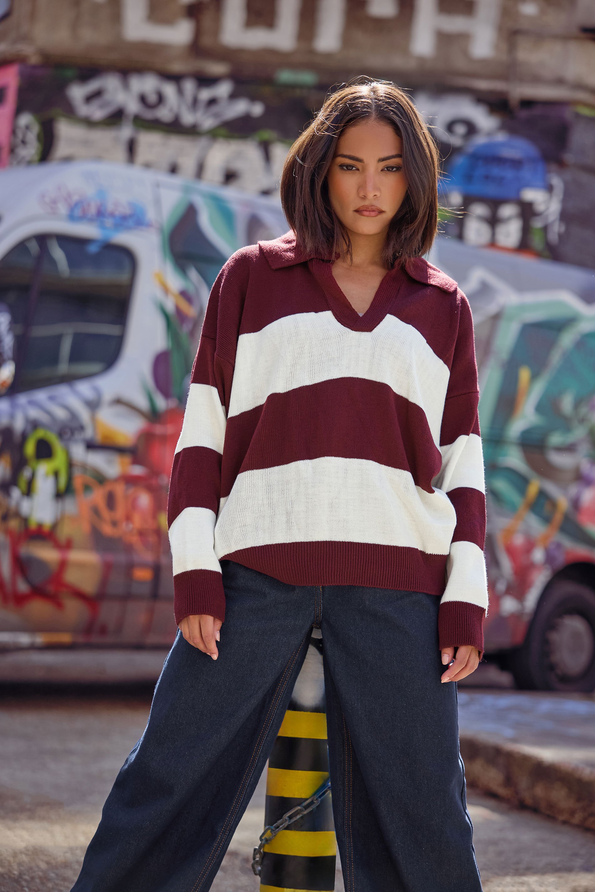 PixieGirl Petite Women's Burgundy Red Stripe Collared Knitted Jumper | PixieGirl 1