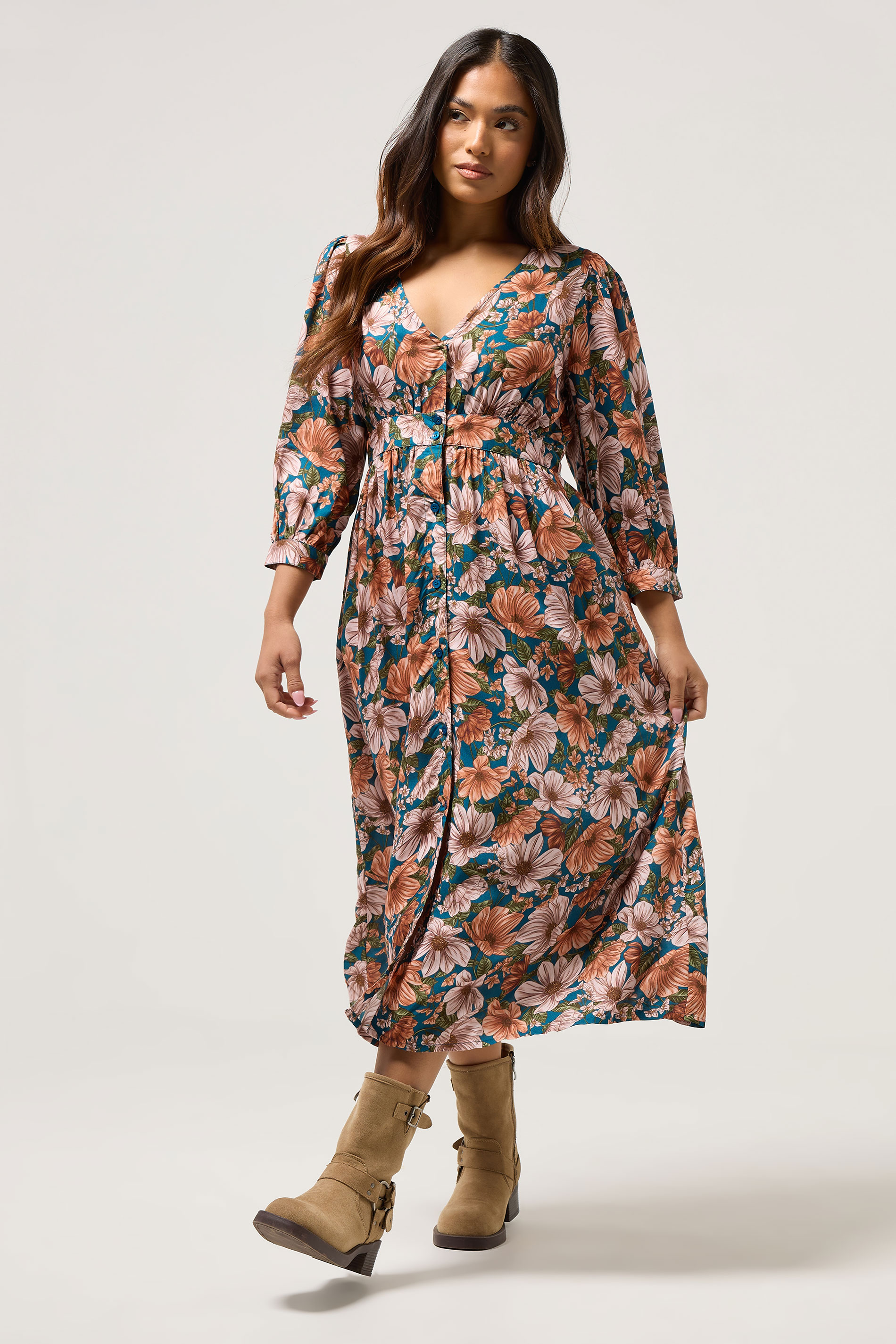 PixieGirl Petite Women's Blue Floral Midi Tea Dress | PixieGirl 2