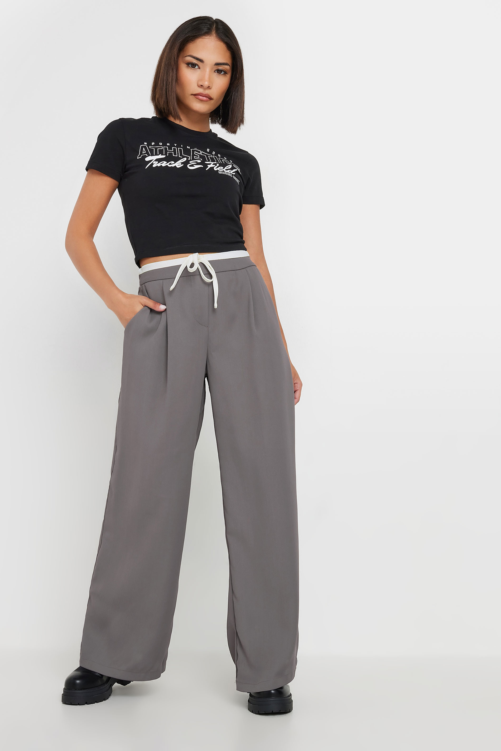 PixieGirl Petite Womens Grey Contrast Waist Wide Leg Trousers | PixieGirl 1