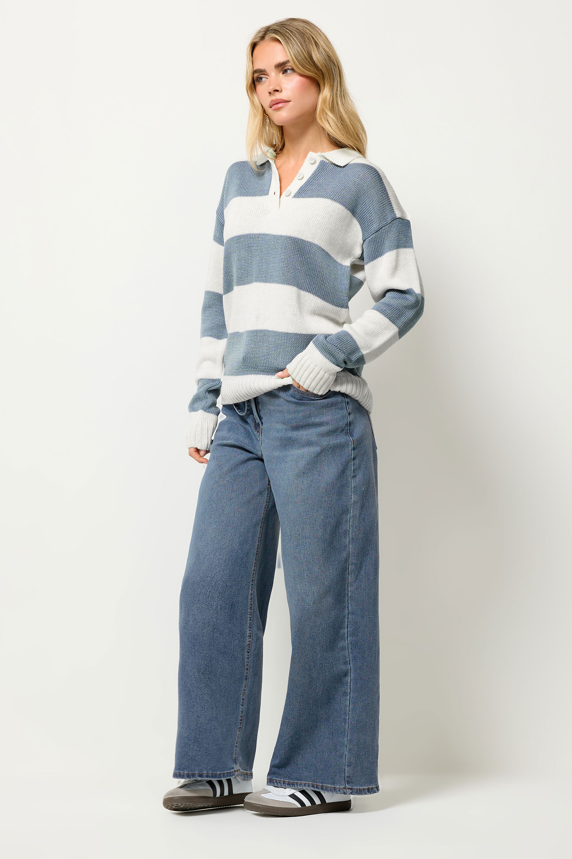 PixieGirl Petite Women's Blue Stripe Knitted Rugby Jumper | PixieGirl 2