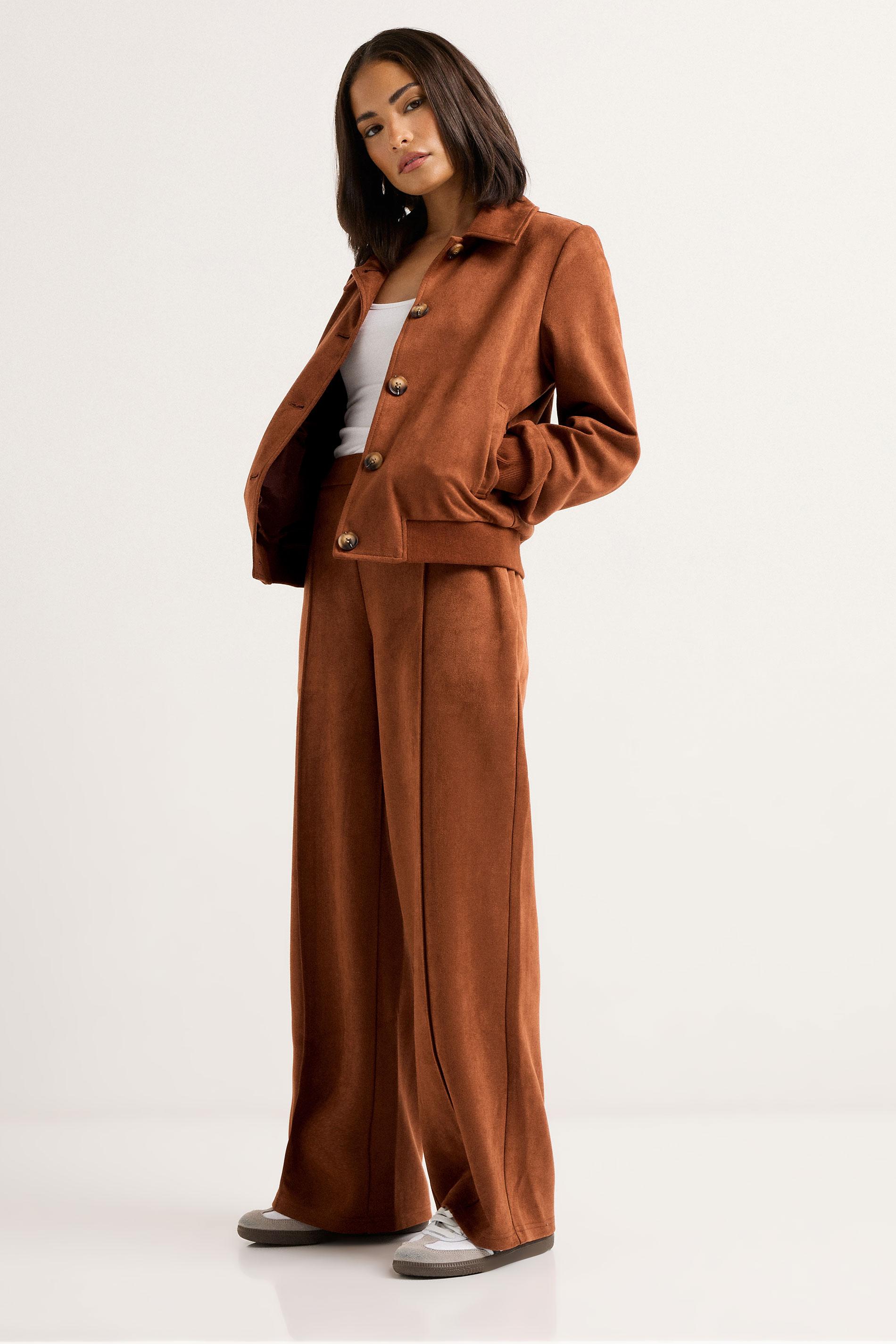 PixieGirl Petite Women's Tan Brown Suedette Collar Bomber Jacket | PixieGirl 3