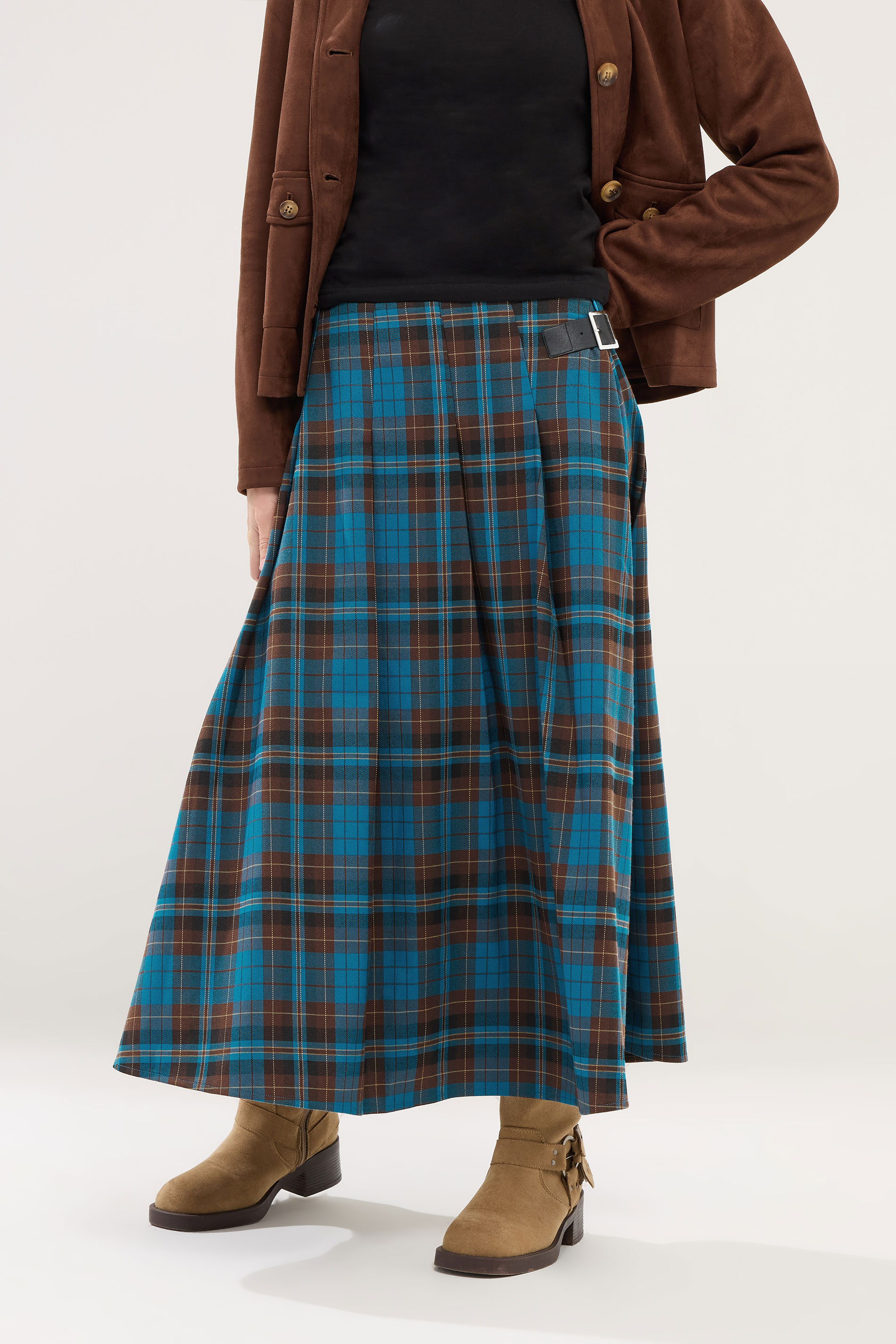PixieGirl Petite Women's Brown & Blue Check Buckle Midi Skirt | PixieGirl 2