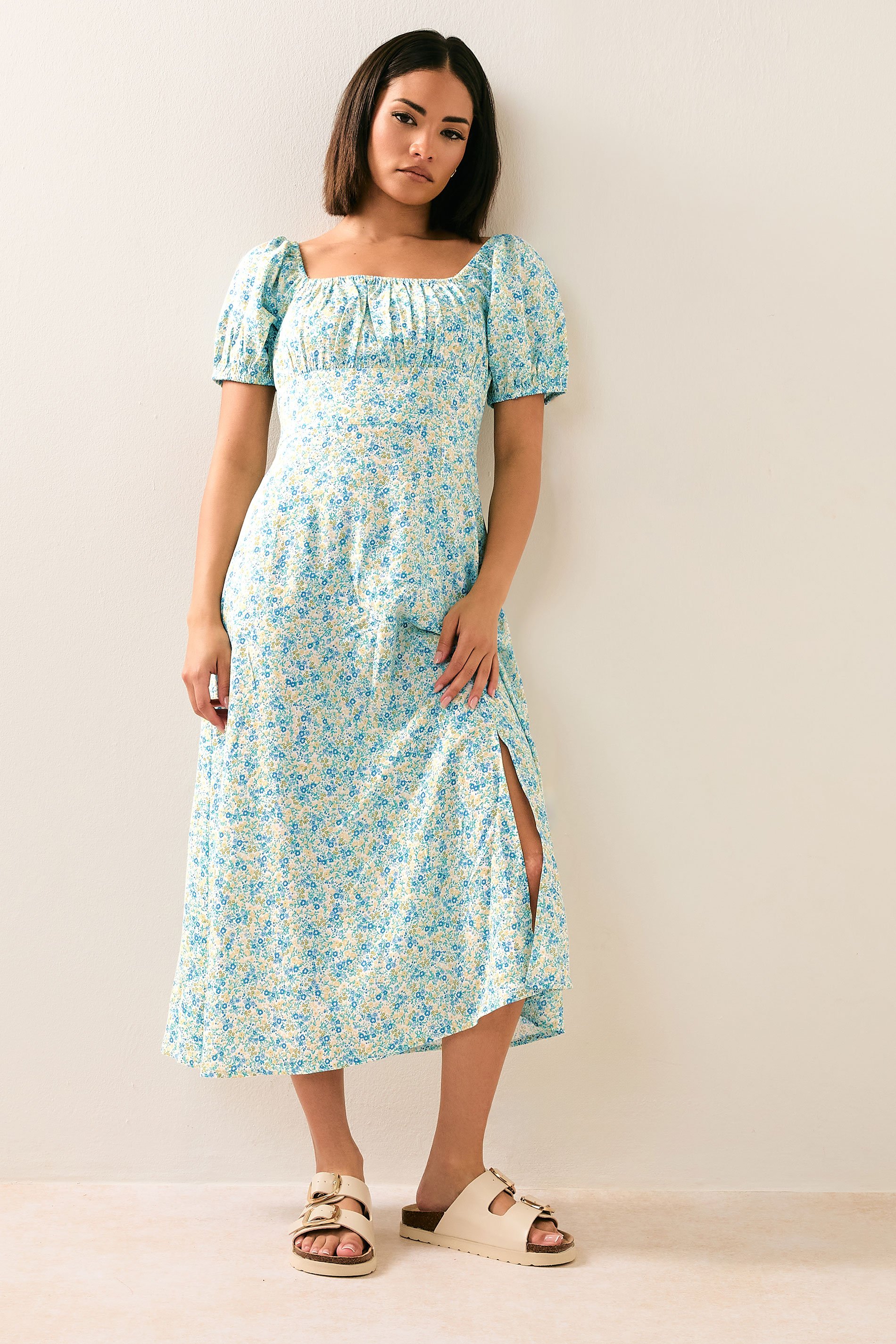 PixieGirl Petite Women's Blue Ditsy Floral Puff Sleeve Midi Dress | PixieGirl 2