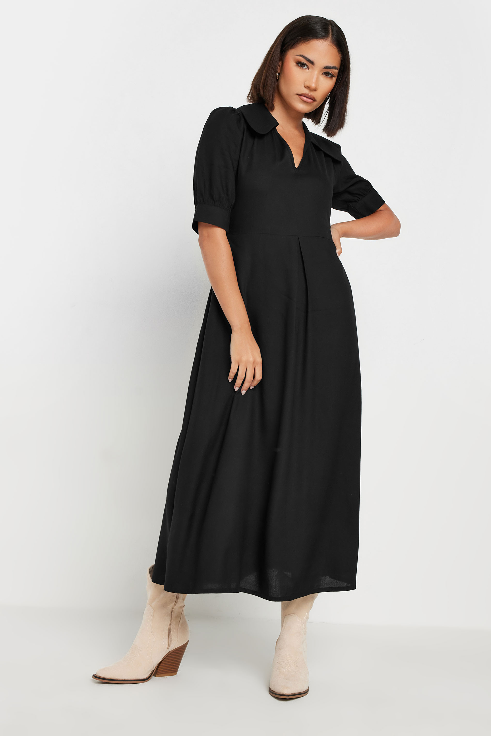 PixieGirl Petite Women's Black Open Collar Short Sleeve Dress | PixieGirl 1