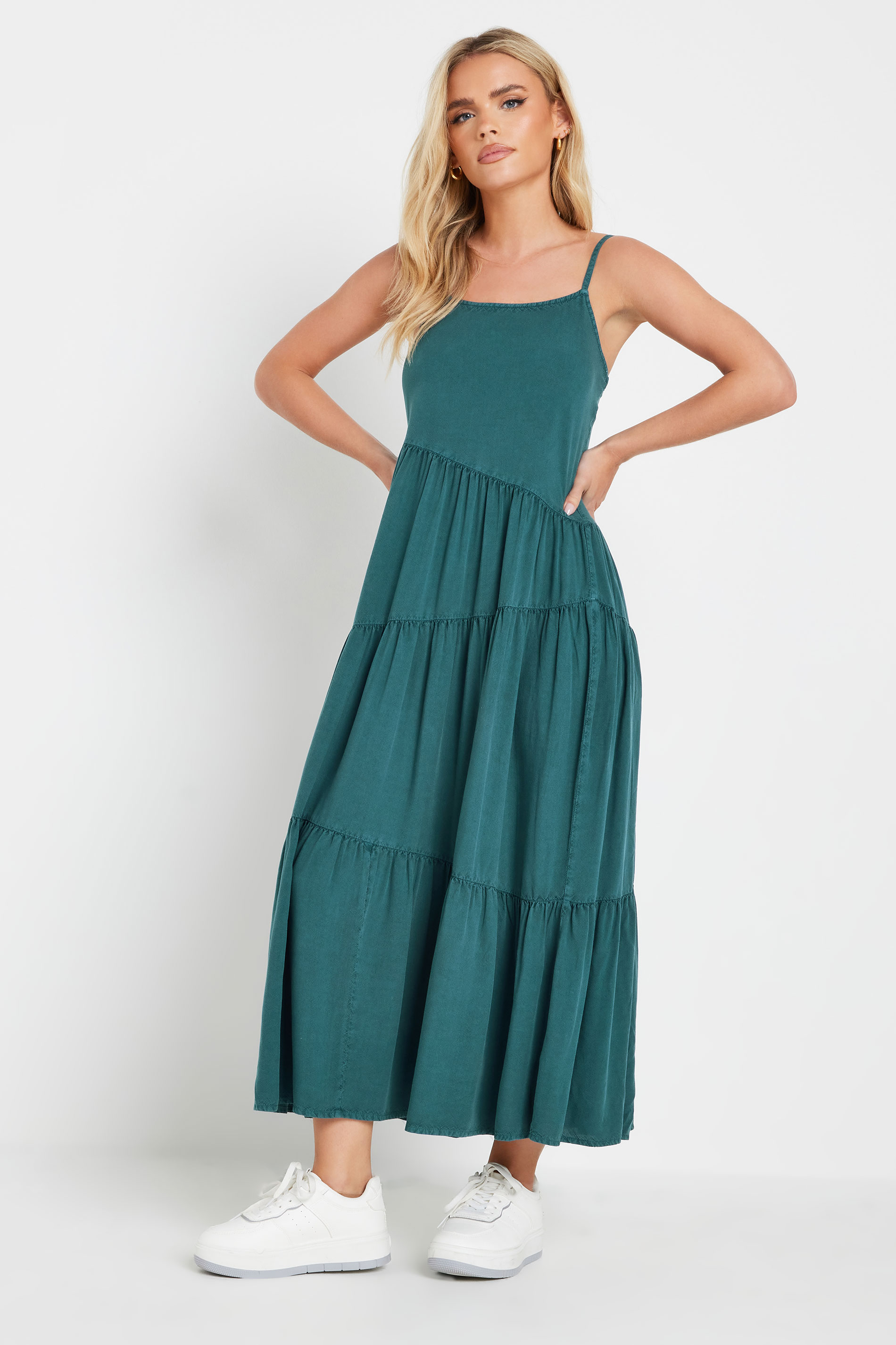PixieGirl Petite Women's Teal Green Acid Wash Asymmetric Tiered Maxi Dress | PixieGirl 6