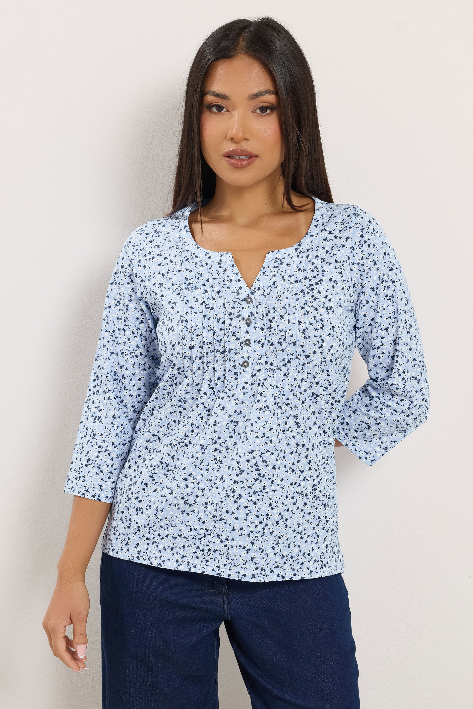 M&Co Petite Blue Floral Henley Top | M&Co 1