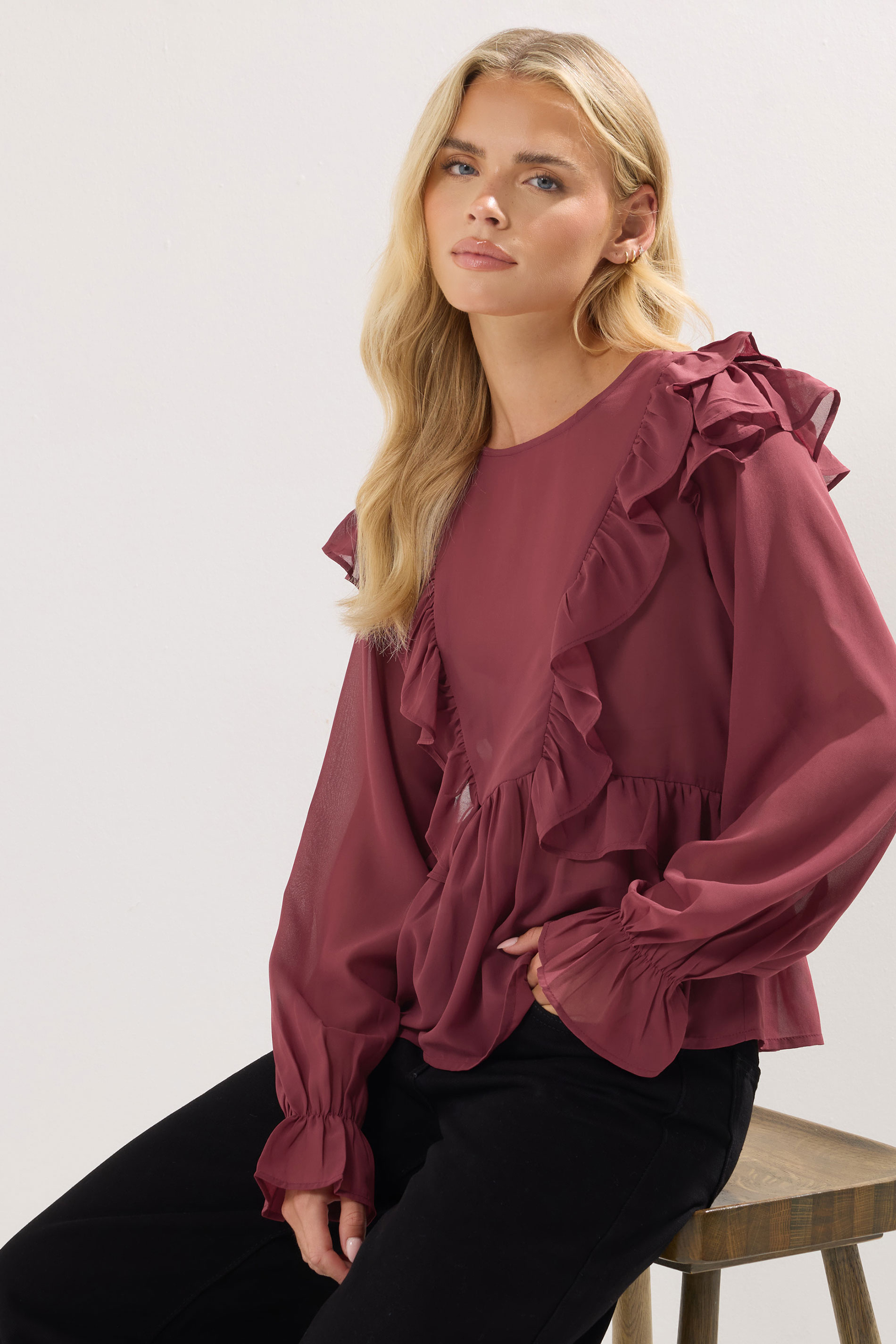 PixieGirl Petite Women's Burgundy Red Frill Shoulder Chiffon Blouse | PixieGirl 1
