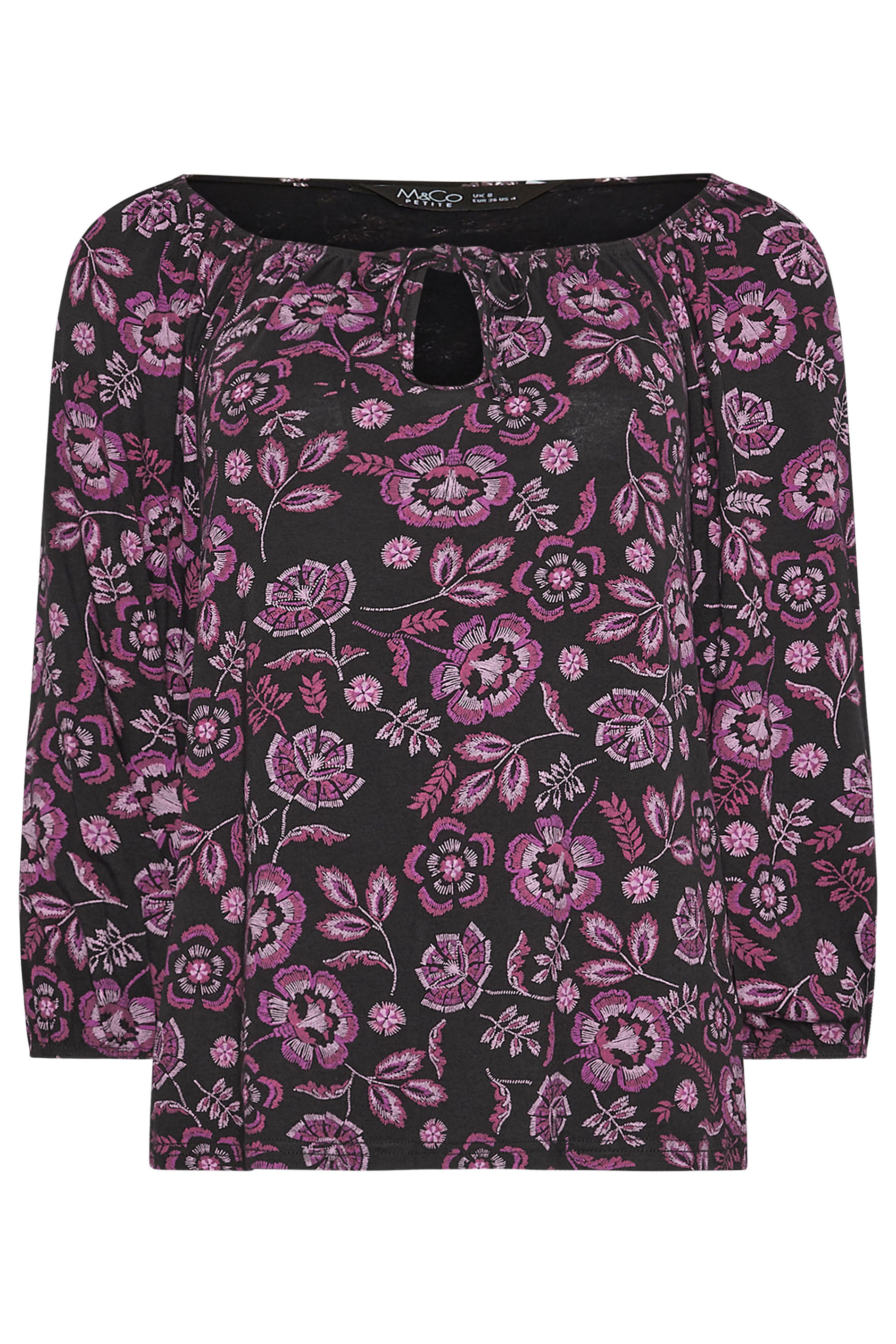 M&Co Petite Black & Purple Floral Print Tie Neck Top | M&Co 6