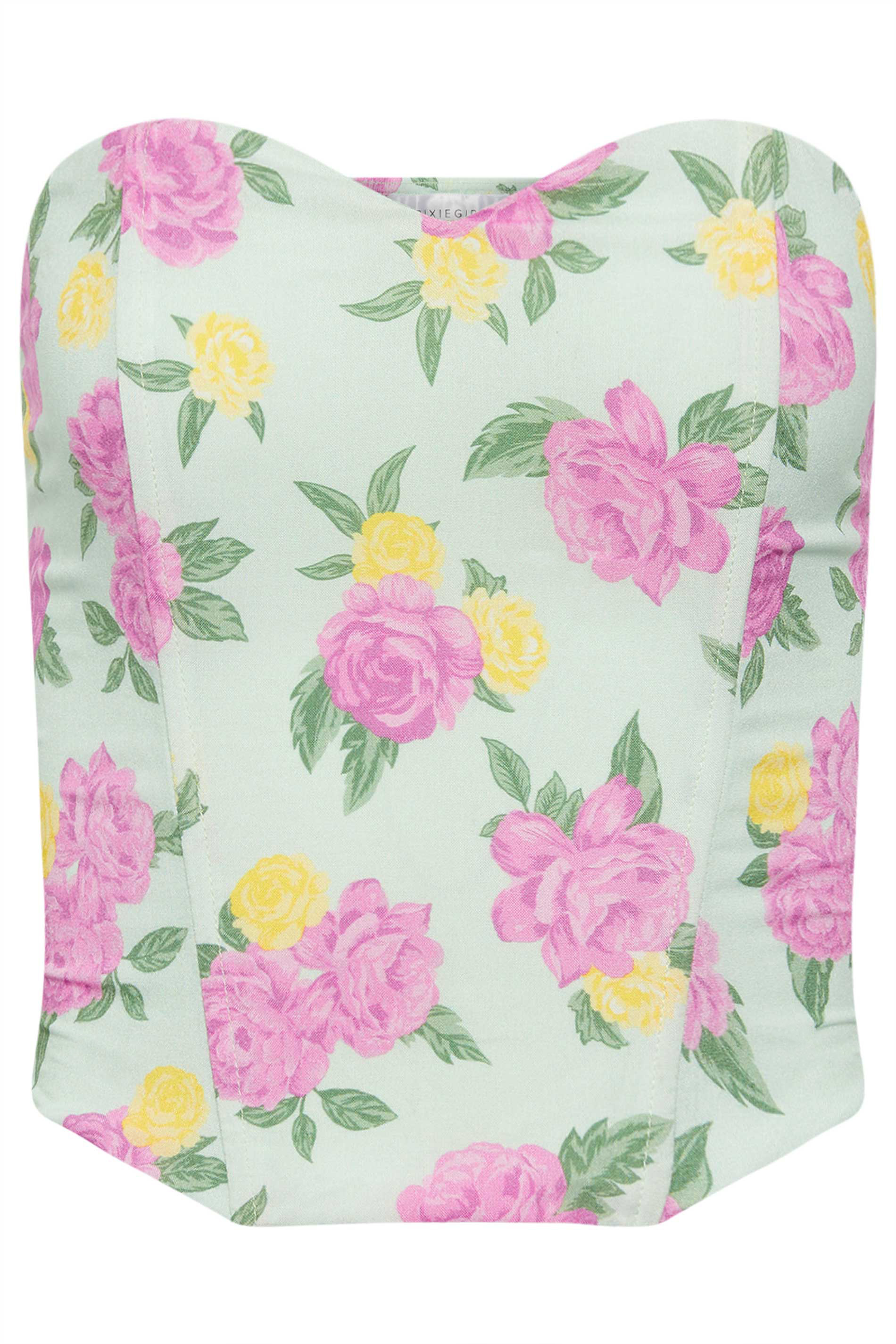 PixieGirl Petite Womens Mint Green Floral Print Bandeau Corset Top | PixieGirl 5