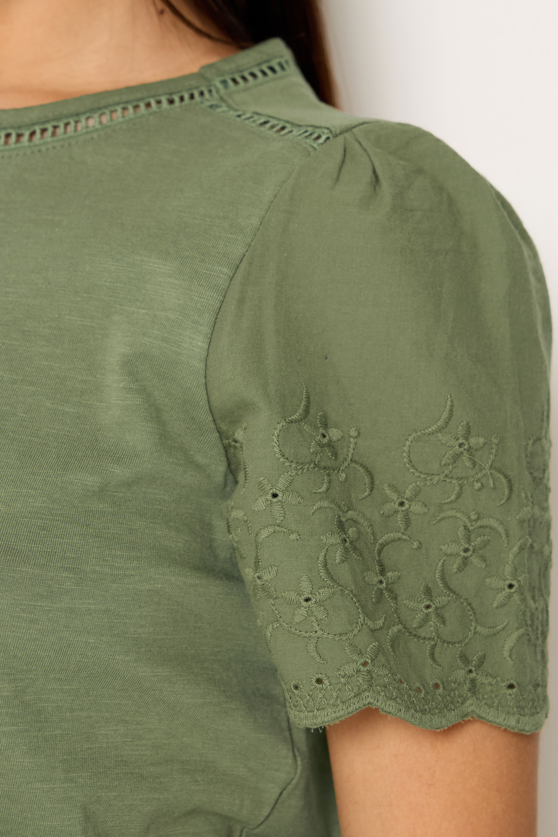 M&Co Petite Khaki Green Embroidered Sleeve Cotton T-Shirt | M&Co 4