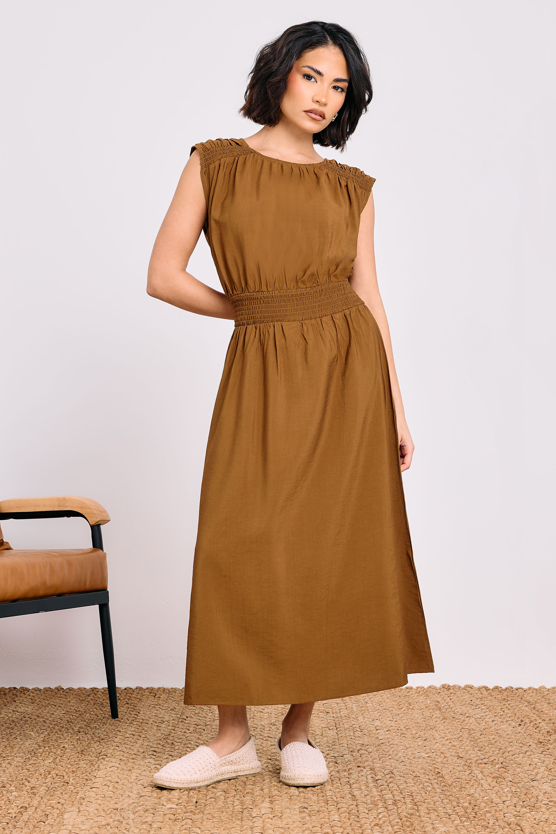 PixieGirl Petite Women's Brown Shirred Waist Midaxi Dress | PixieGirl 2