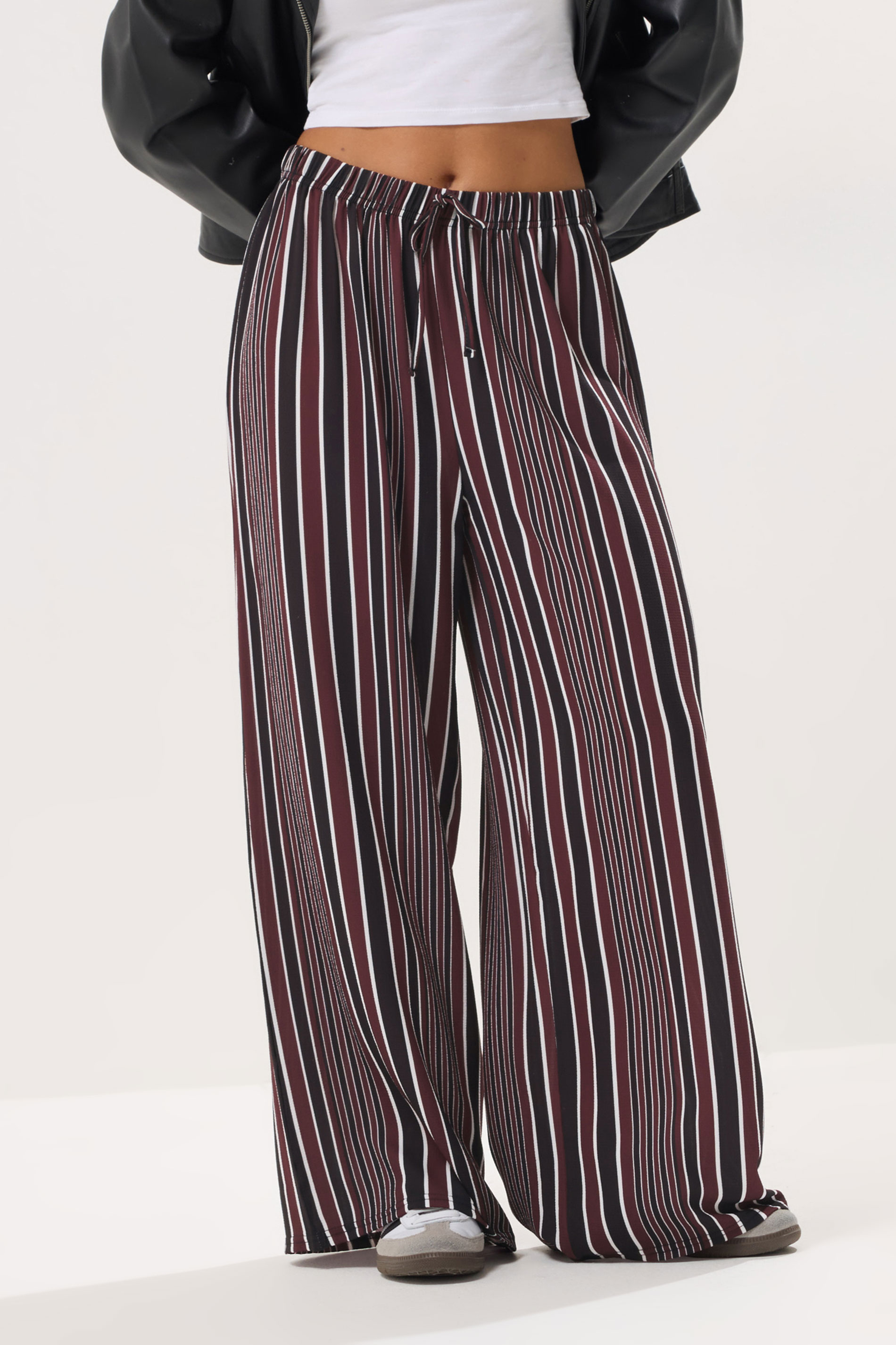 PixieGirl Petite Women's Dark Red Crepe Striped Wide Leg Trousers | PixieGirl 2