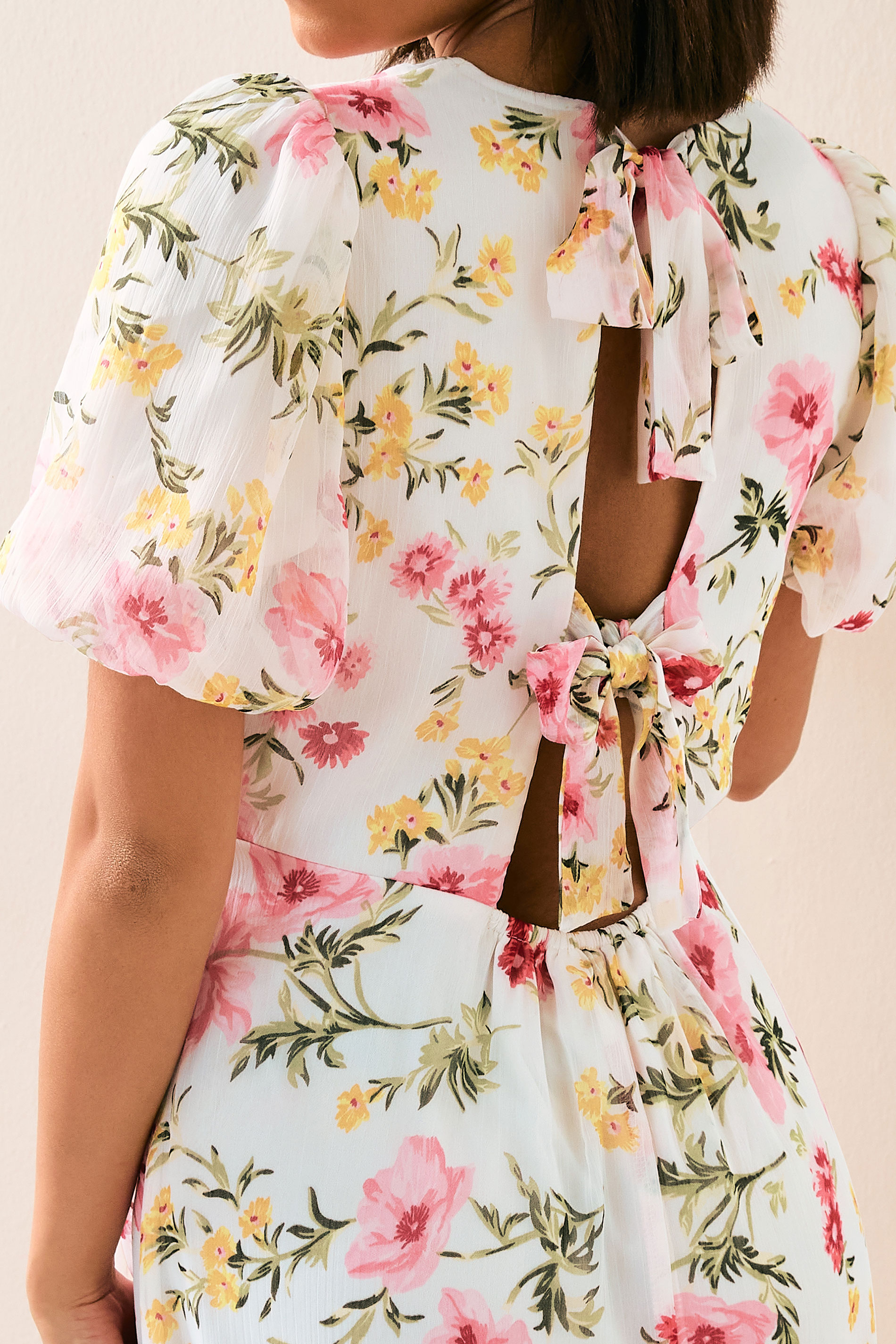 PixieGirl Petite Women's Pink Chiffon Floral Tie Back Midi Dress | PixieGirl 5