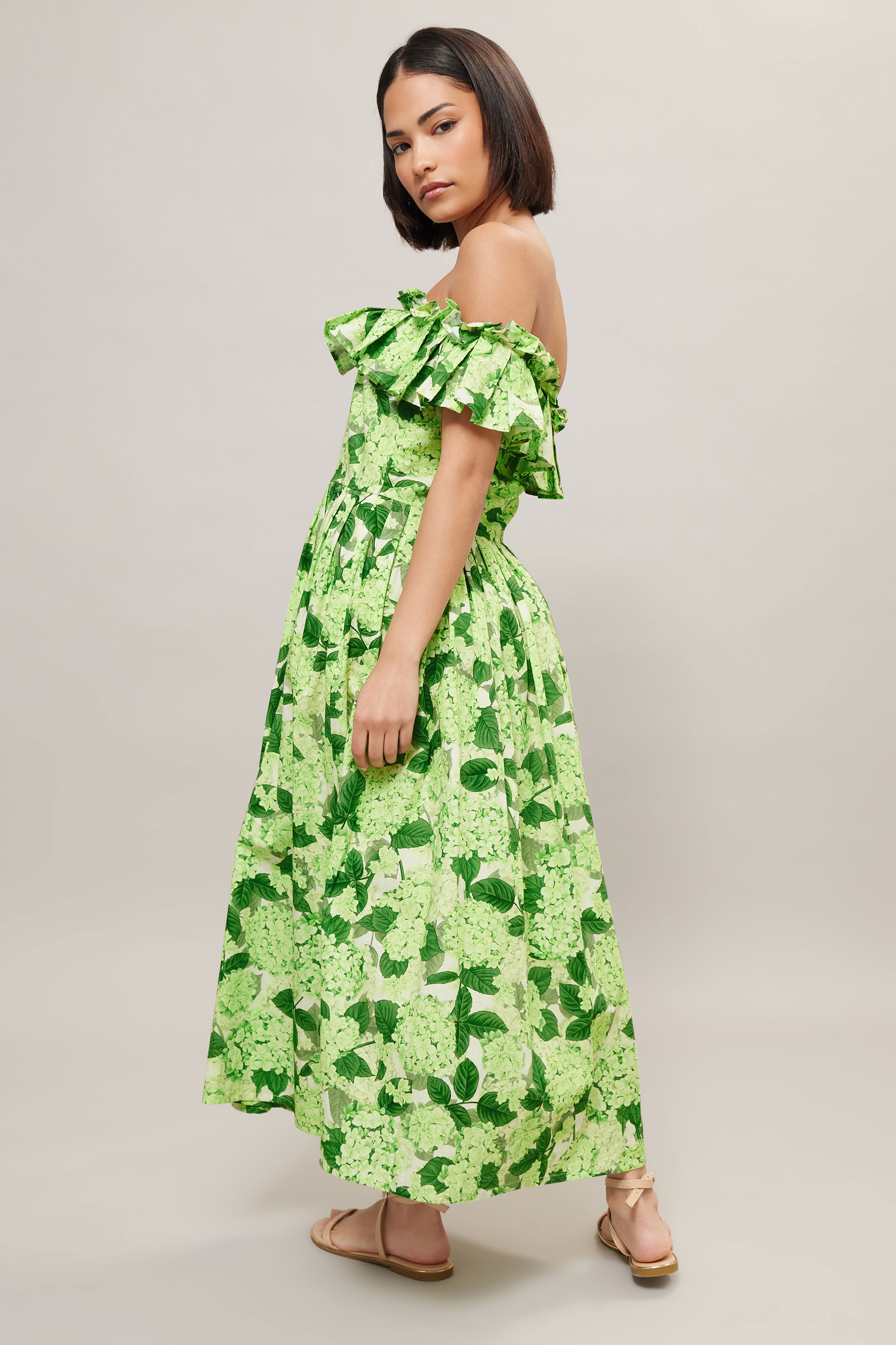 PixieGirl Petite Women's Green Floral Ruffle Bardot Midi Dress | PixieGirl 4