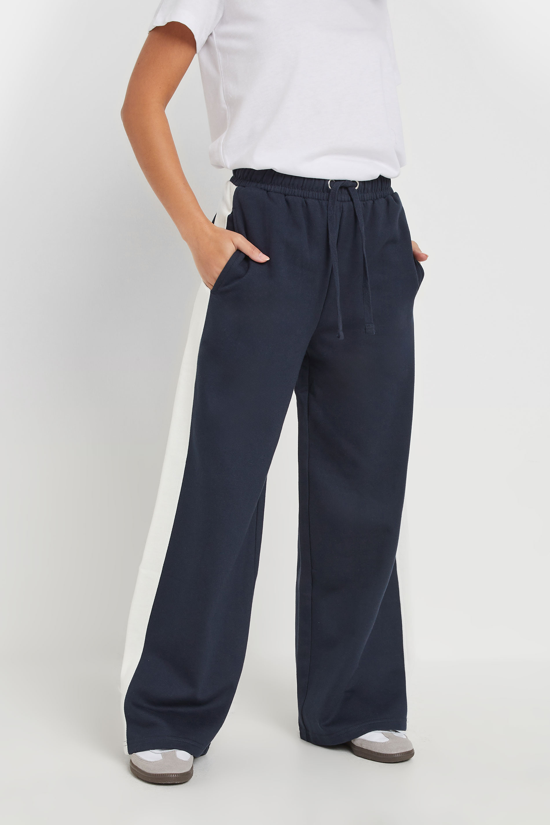 PixieGirl Petite Women's Navy Blue Side Striped Wide Leg Jogger | PixieGirl 3