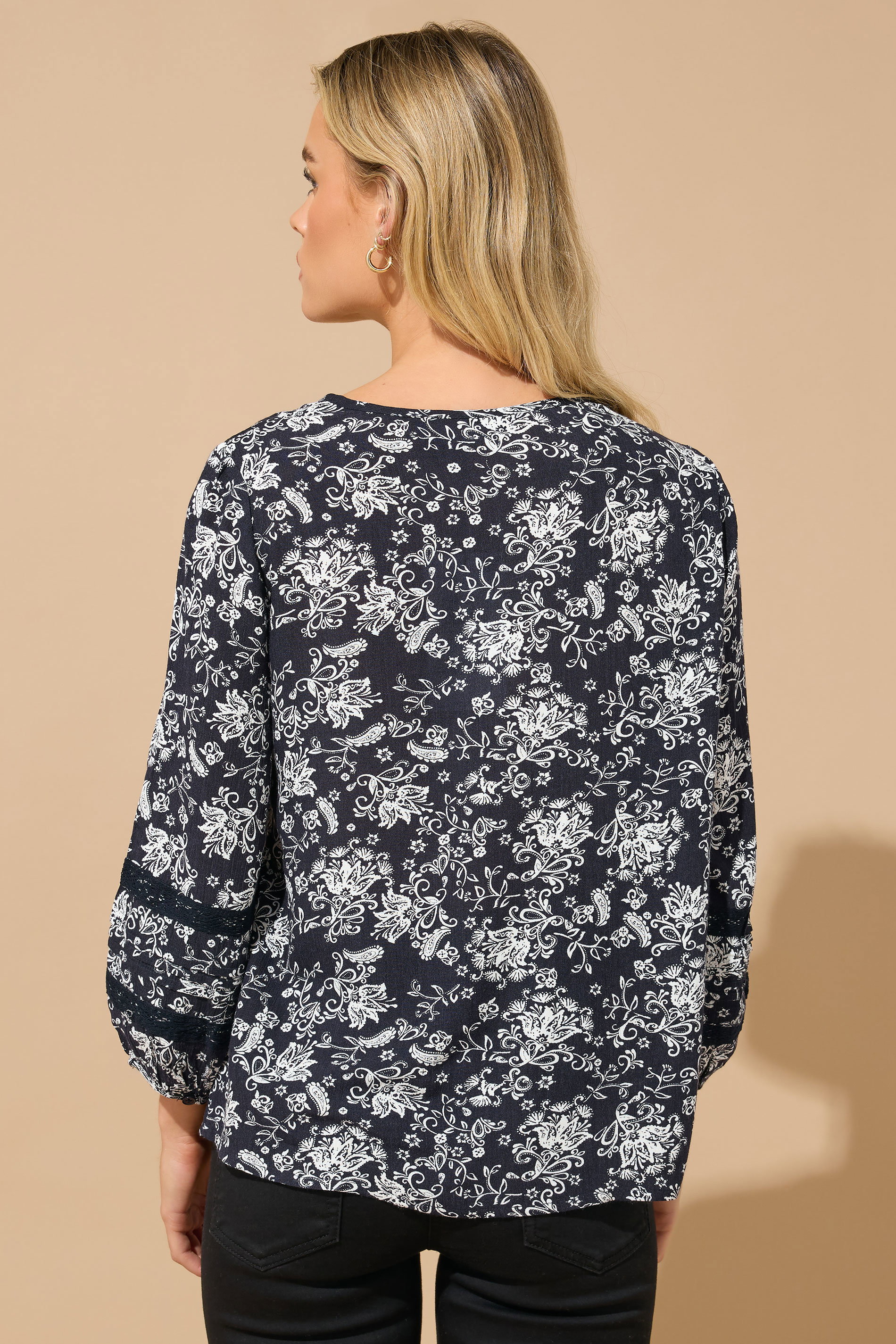 M&Co Petite Black Damask Print Lace Insert Top | M&Co 2