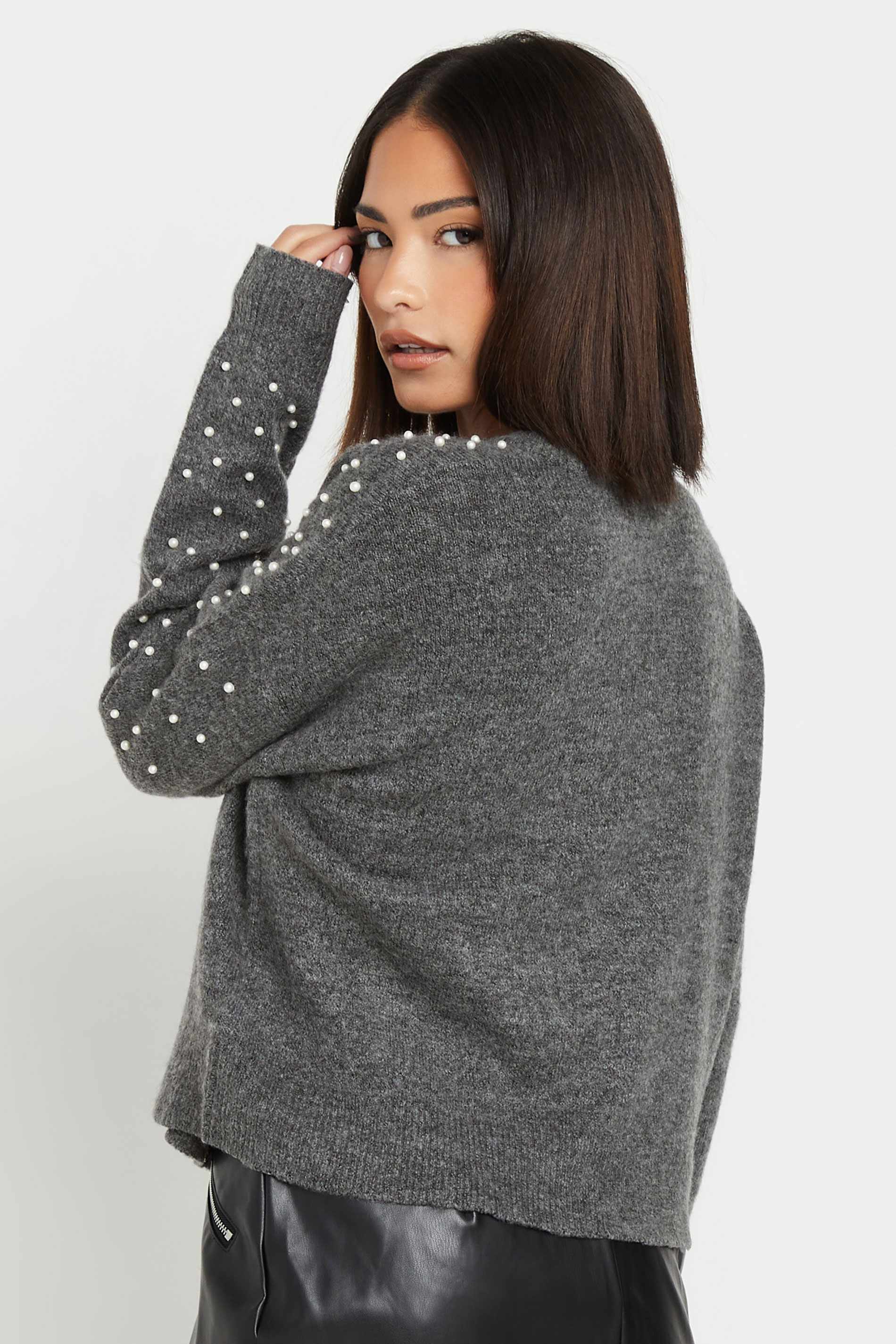 PixieGirl Petite Women's Grey Knitted Pearl Embellished Jumper | PixieGirl 4