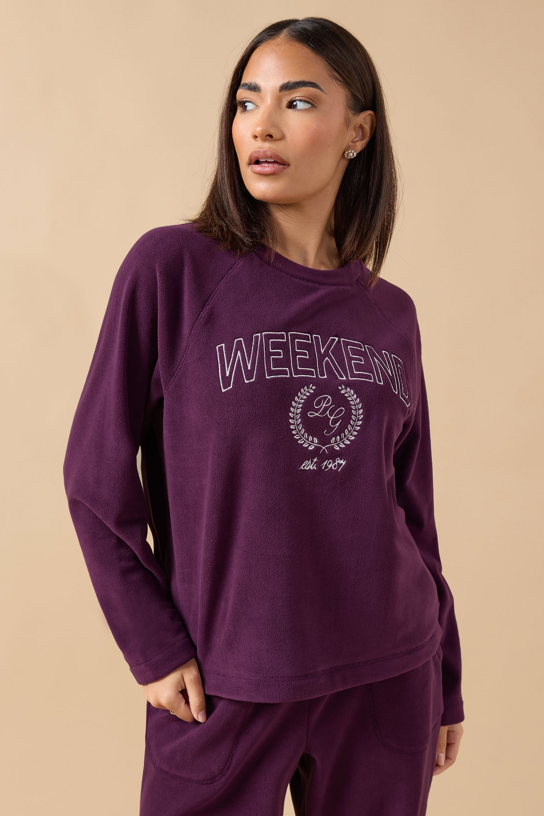 PixieGirl Petite Women's Burgundy Red 'Weekend' Slogan Fleece Lounge Top | PixieGirl 1