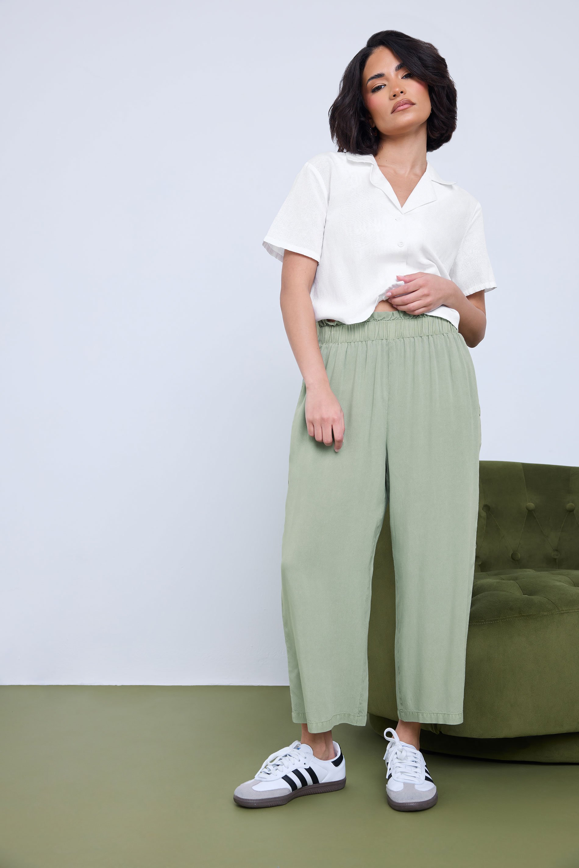 PixieGirl Petite Women's Sage Green Acid Wash Cropped Trousers | PixieGirl 1