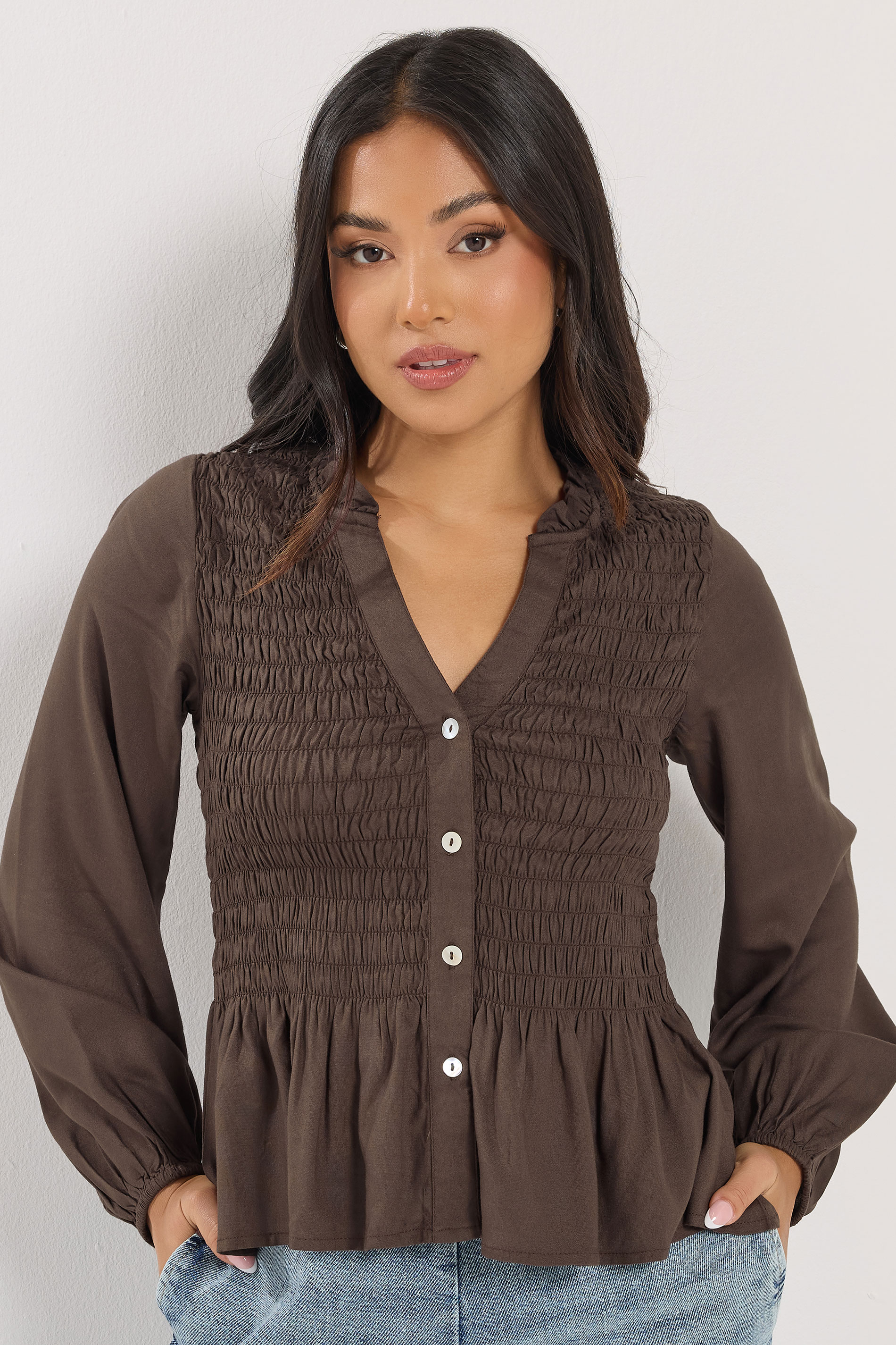 PixieGirl Petite Women's Chocolate Brown Shirred Long Sleeve Shirt | PixieGirl 1