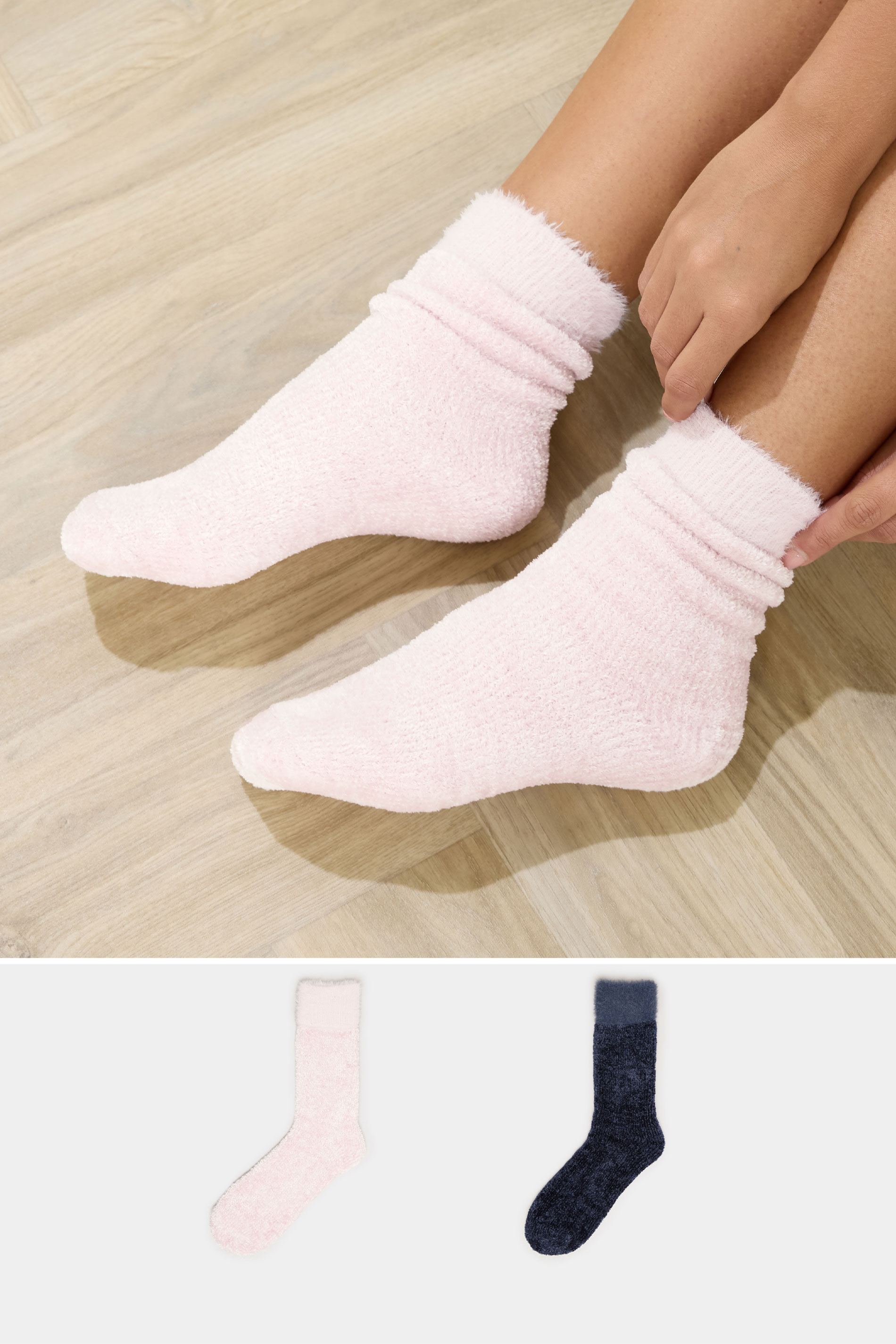 YOURS 2 PACK Plus Size Pink & Blue Chenille Ankle Bed Socks | Yours Clothing 1