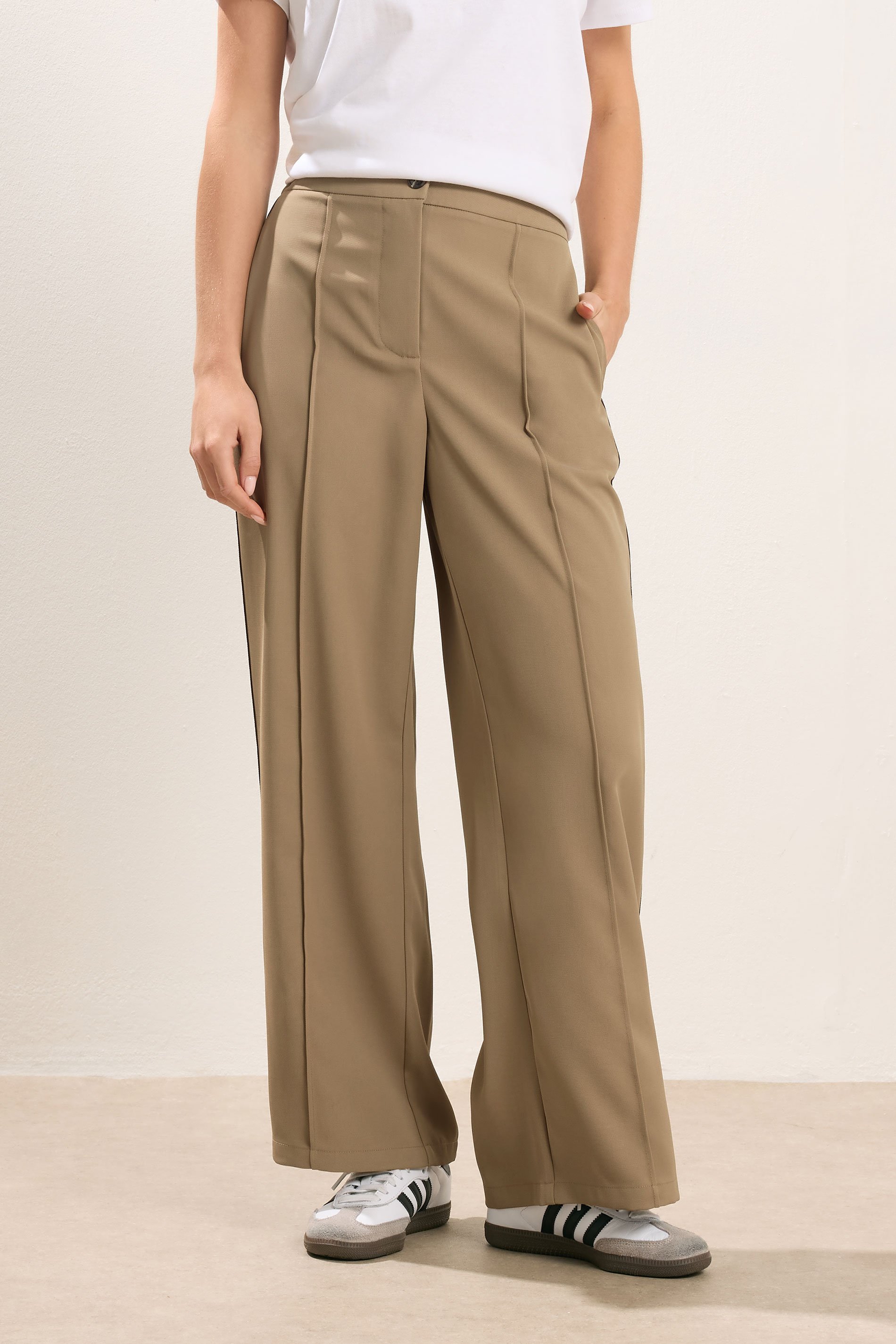 PixieGirl Petite Women's Mocha Brown Side Stripe Wide Leg Trousers | PixieGirl 3