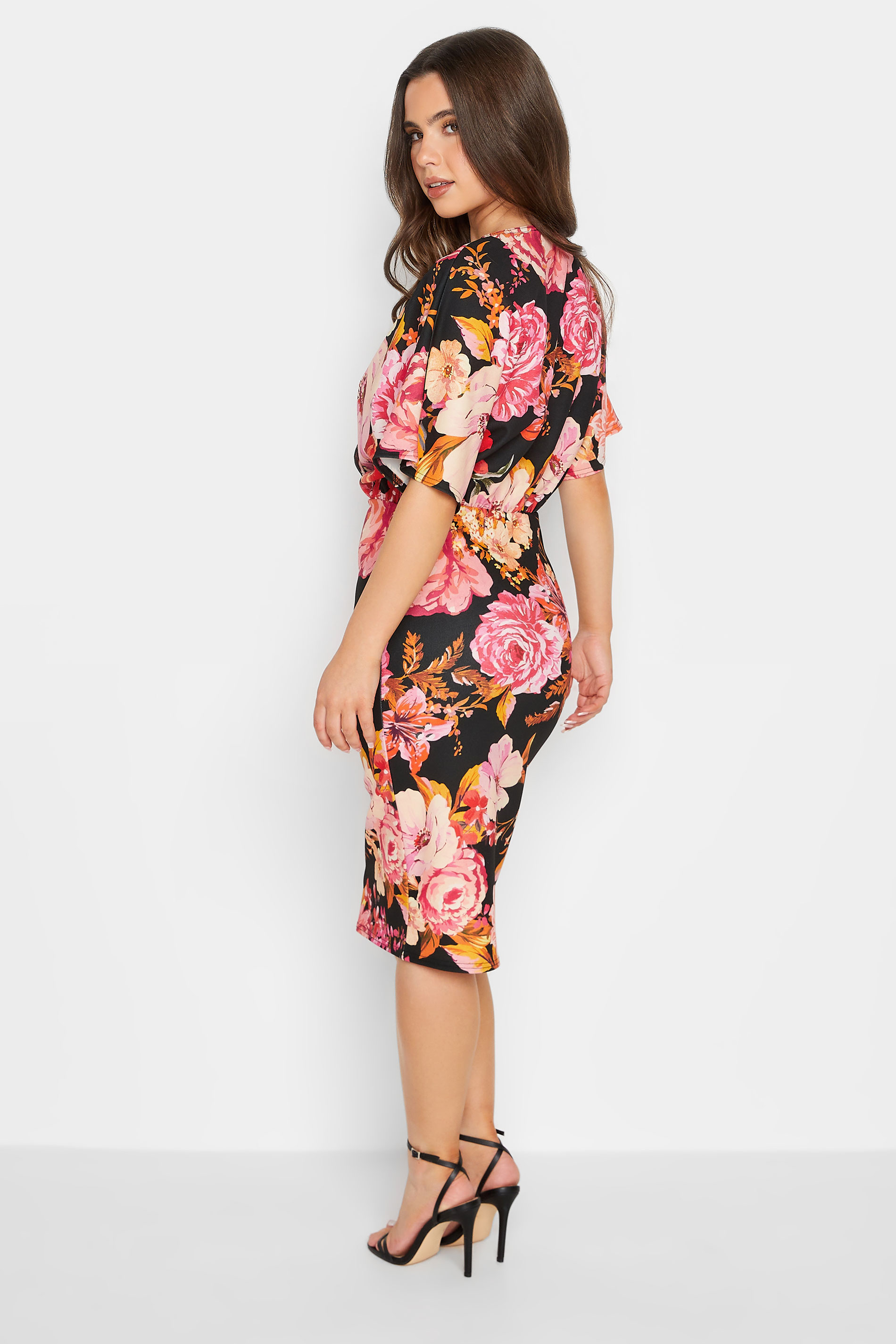 Petite Black Floral Wrap Midi Dress | PixieGirl 3