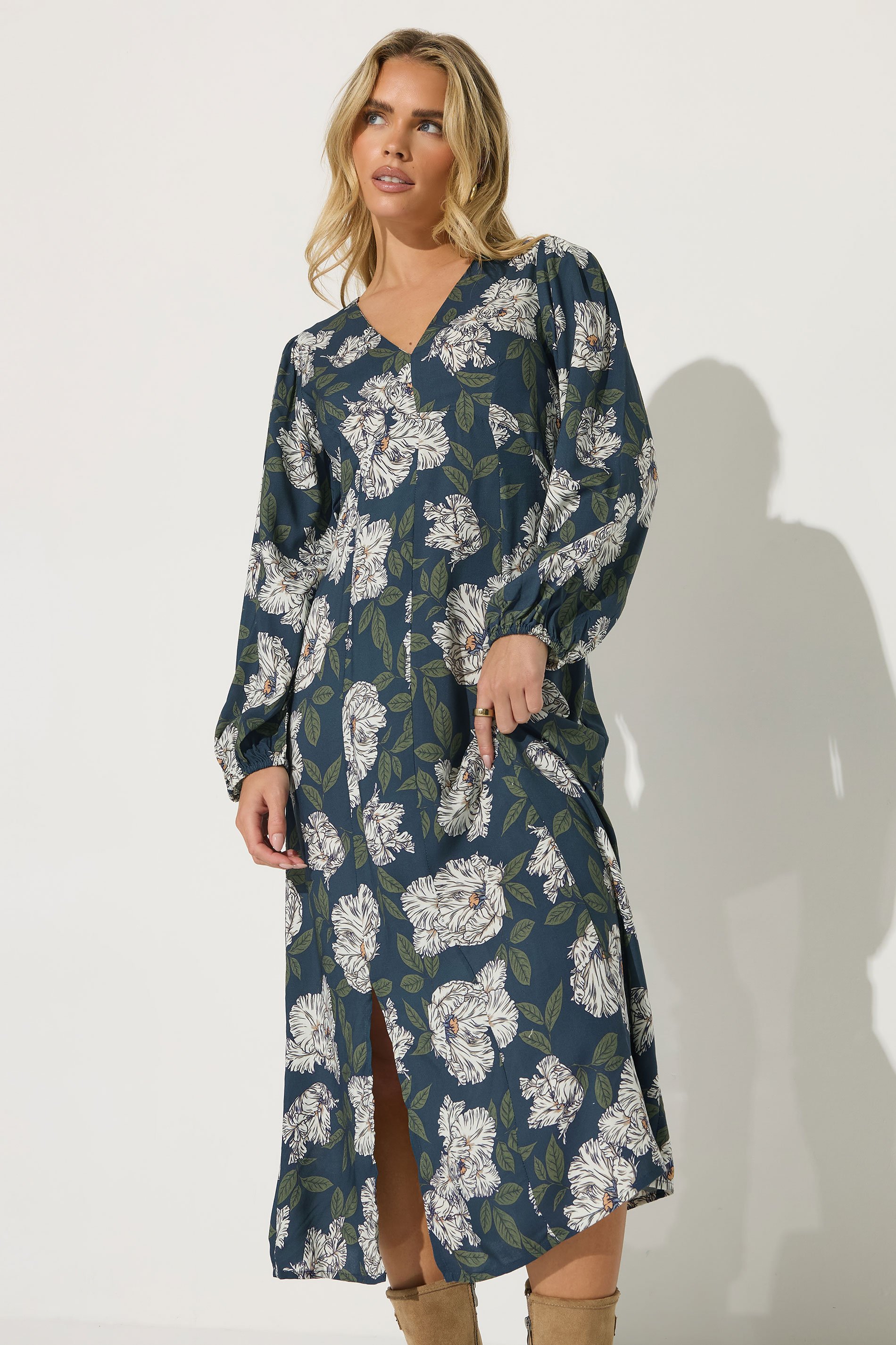 PixieGirl Petite Women's Navy Blue Floral Midi Tea Dress | PixieGirl 1