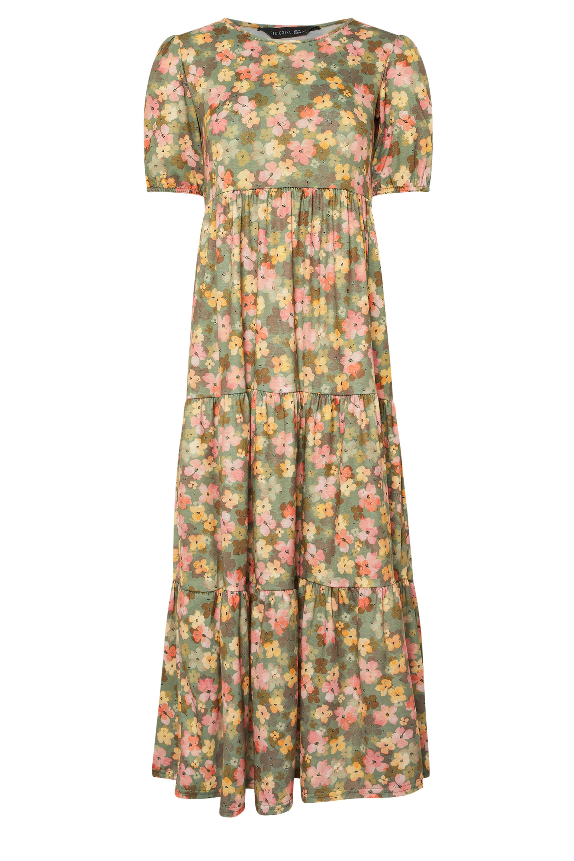 PixieGirl Petite Women's Green Floral Tiered Maxi Dress | PixieGirl 5