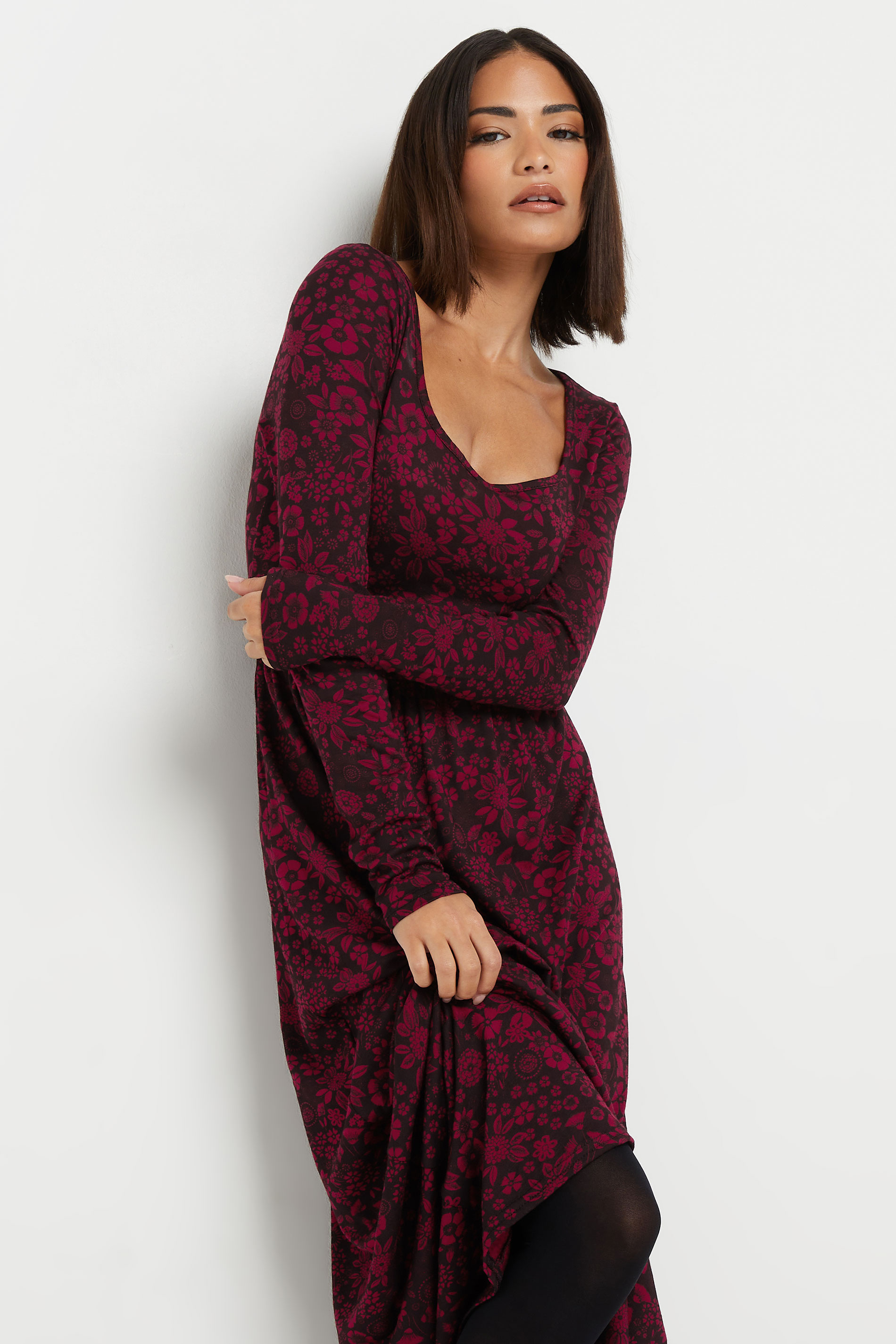 PixieGirl Petite Women's Burgundy Red Floral Print Midi Tea Dress | PixieGirl 4