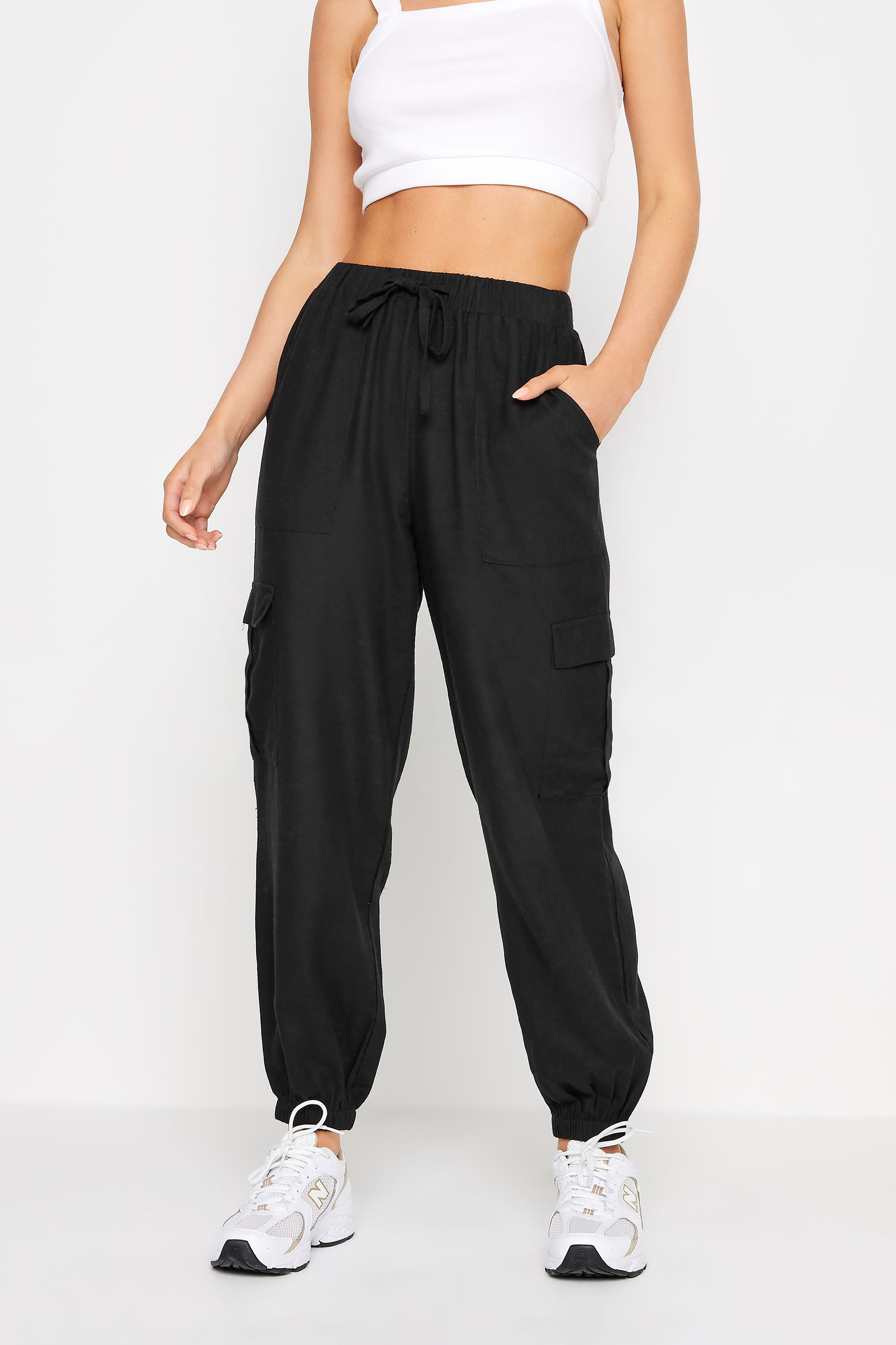 PixieGirl Petite Womens Black Linen Cuffed Cargo Trousers | PixieGirl 2