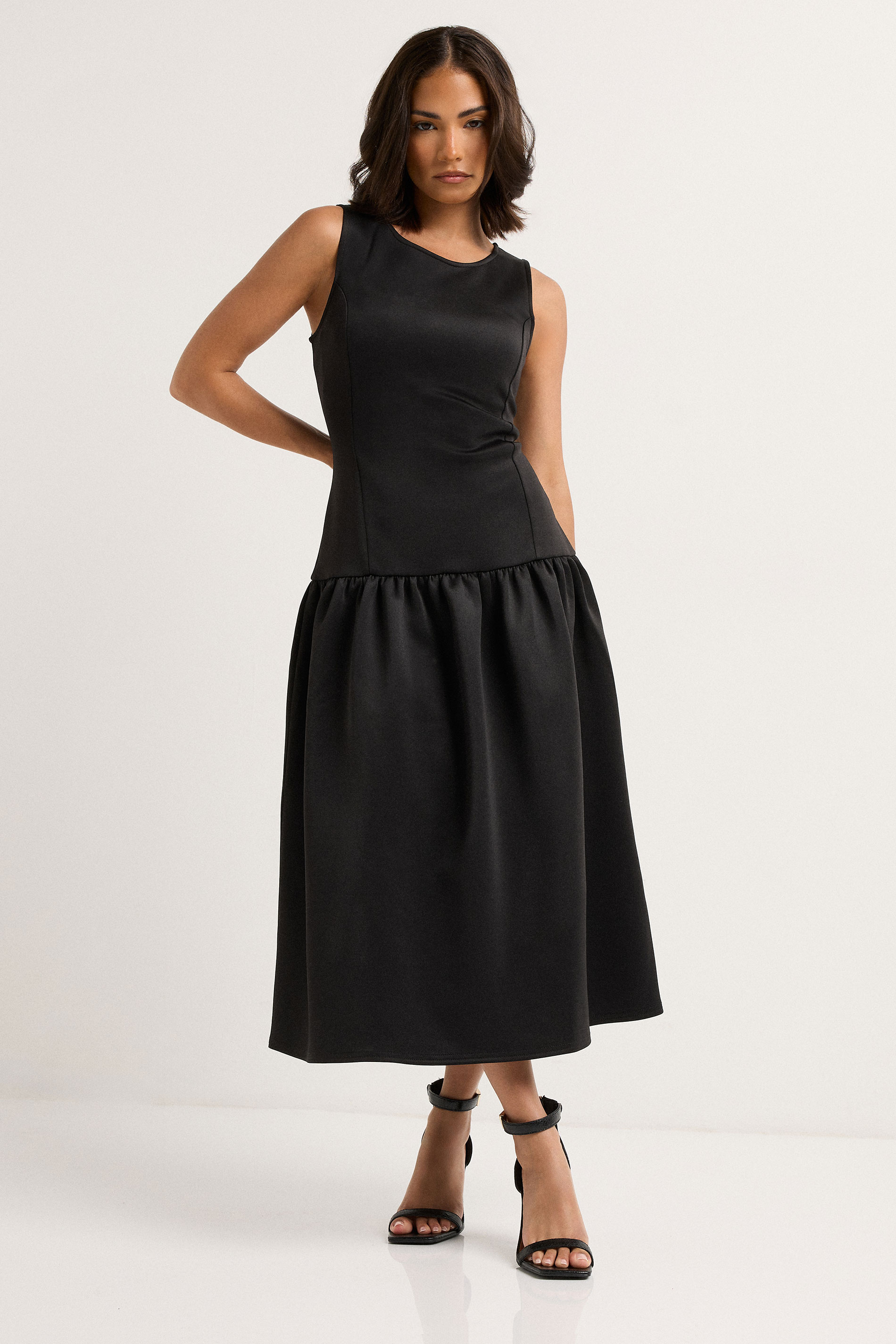 PixieGirl Petite Women's Black Scuba Drop Waist Midi Dress | PixieGirl 1