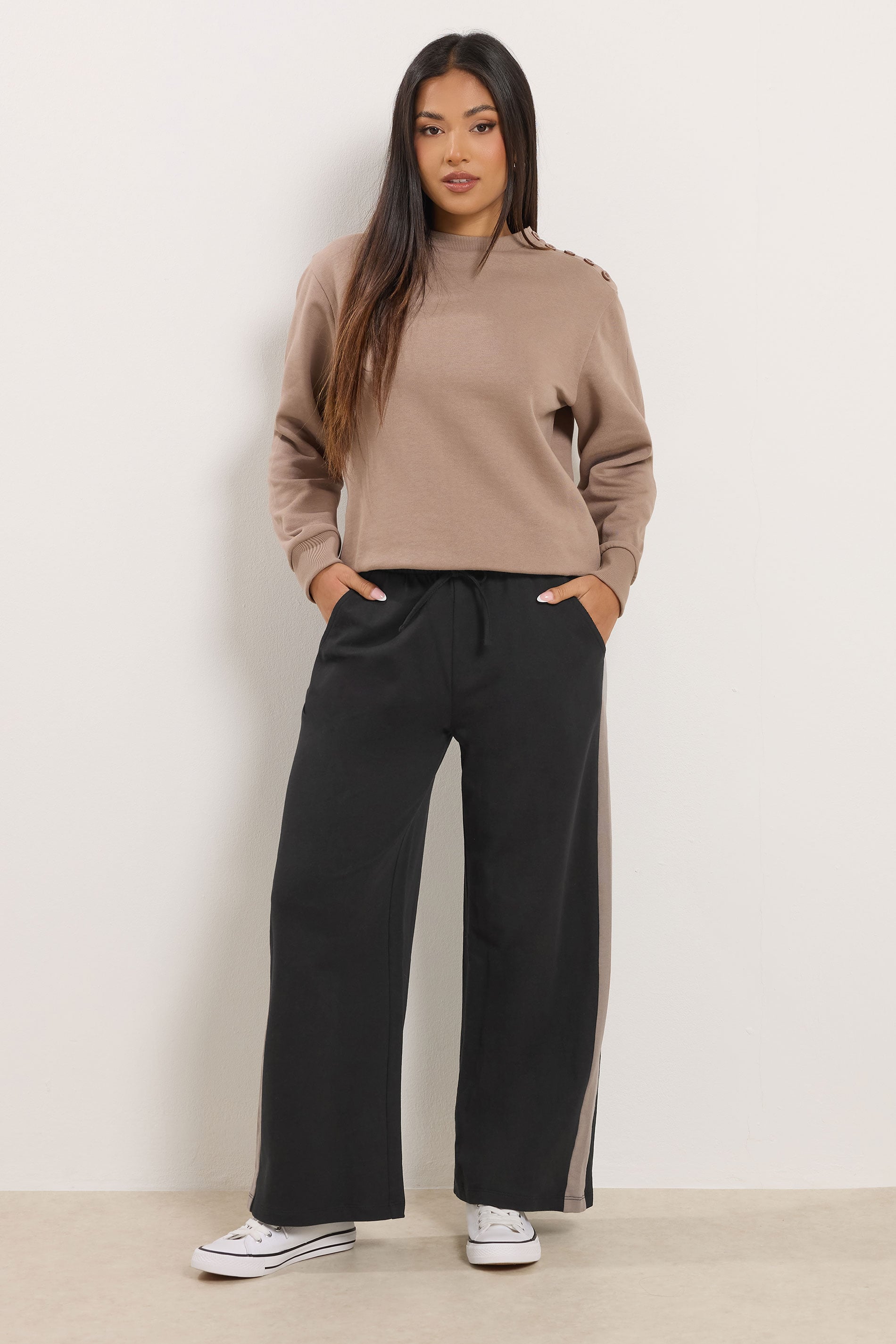 M&Co Petite Black & Brown Side Stripe Cotton Wide Leg Joggers | M&Co 2