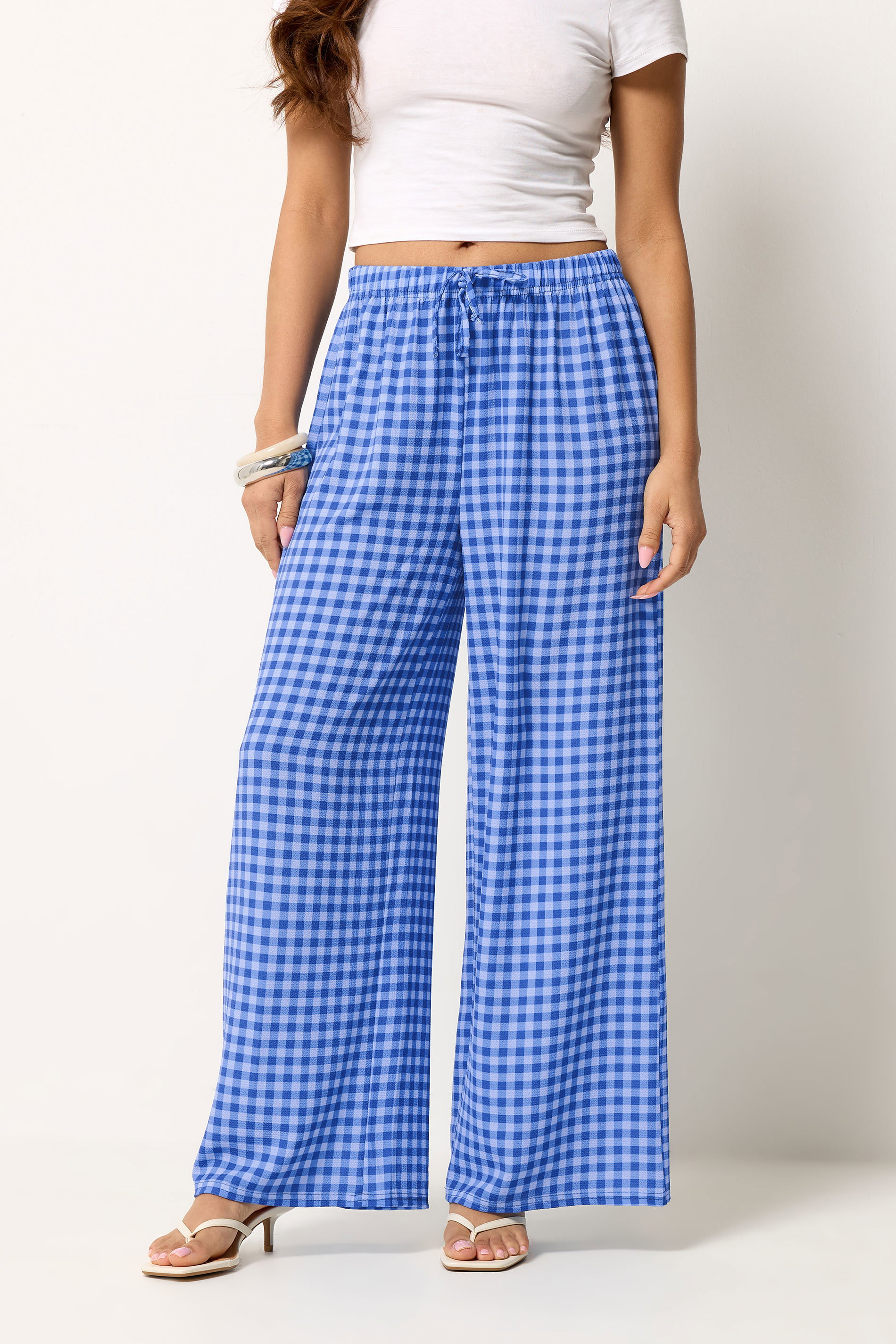 PixieGirl Petite Women's Blue Gingham Wide Leg Trousers | PixieGirl 1