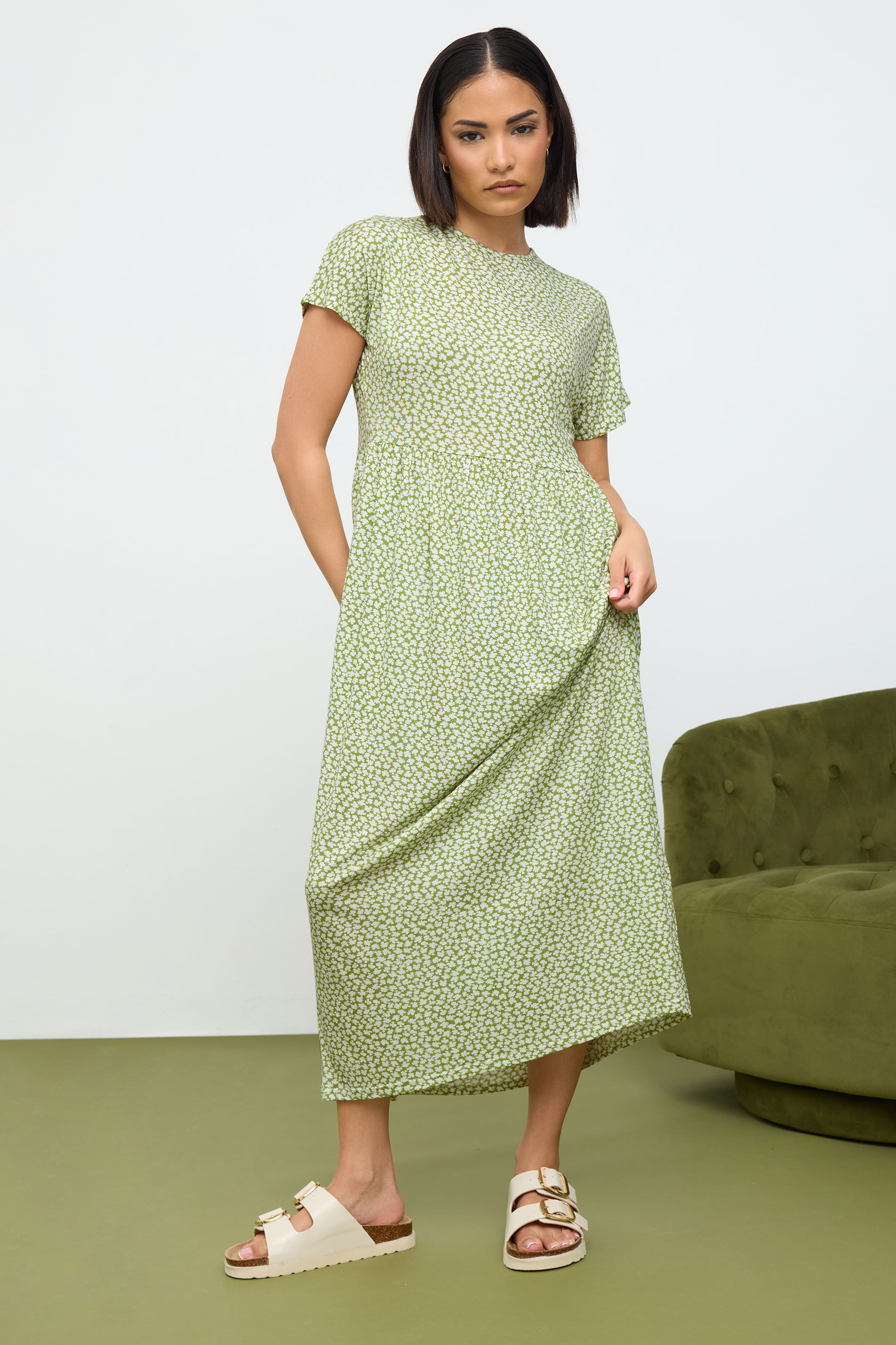 PixieGirl Petite Women's Sage Green Ditsy Floral Print Midi Smock Dress | PixieGirl 2