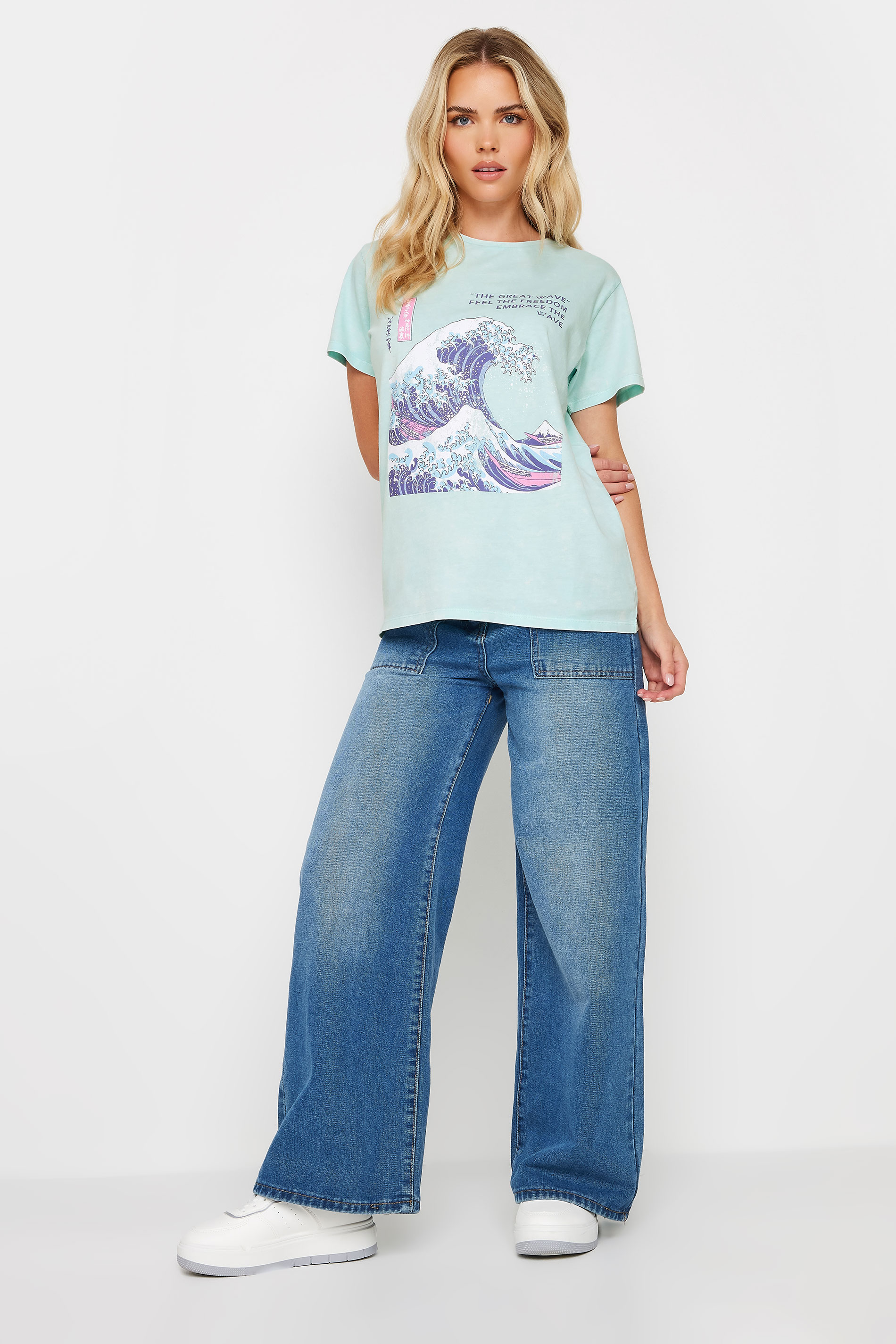 PixieGirl Petite Women's Blue 'The Great Wave' Slogan Printed T-Shirt | PixieGirl 3