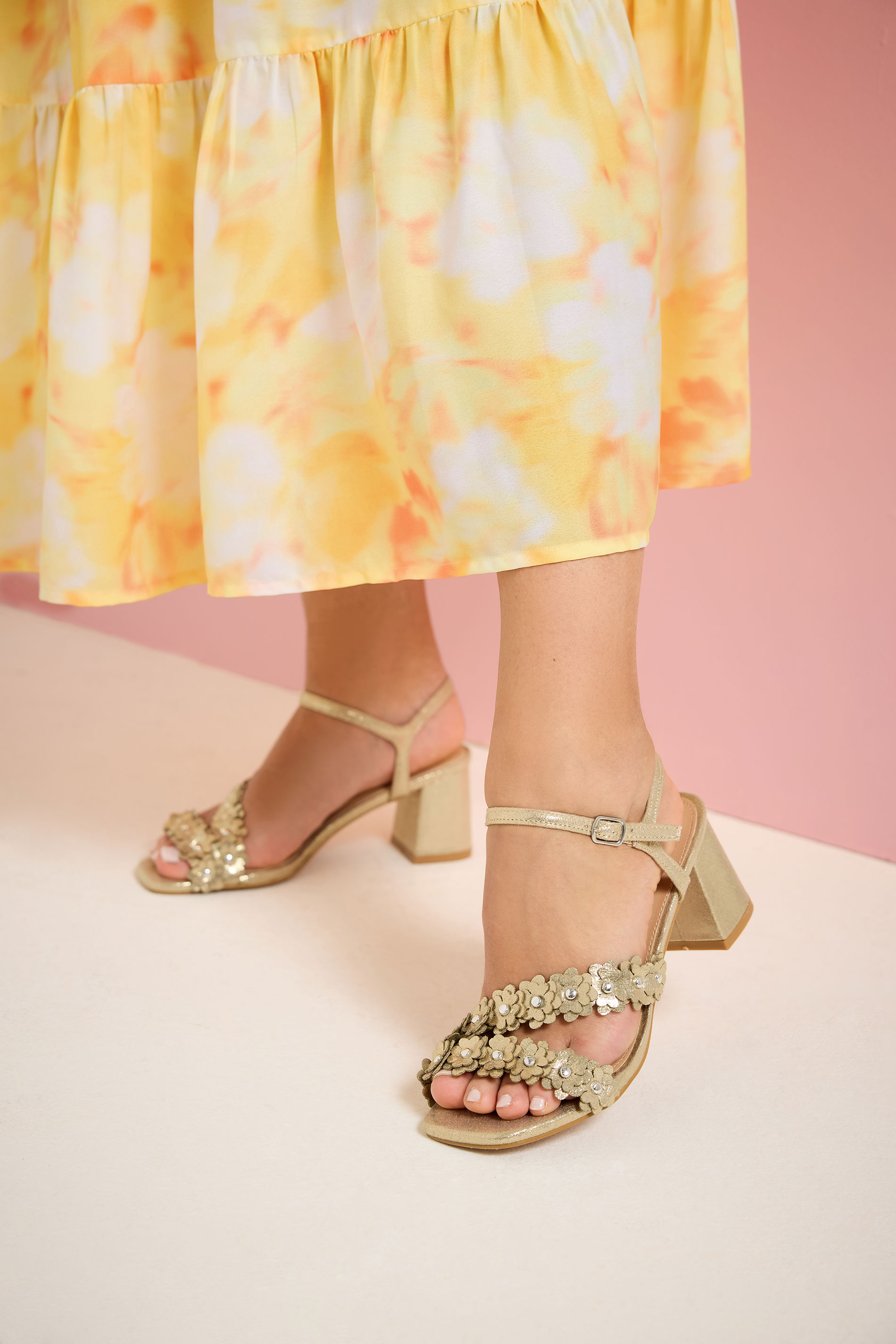 Gold Shimmer Floral Block Heel Sandals In Extra Wide EEE Fit | Yours Clothing 3