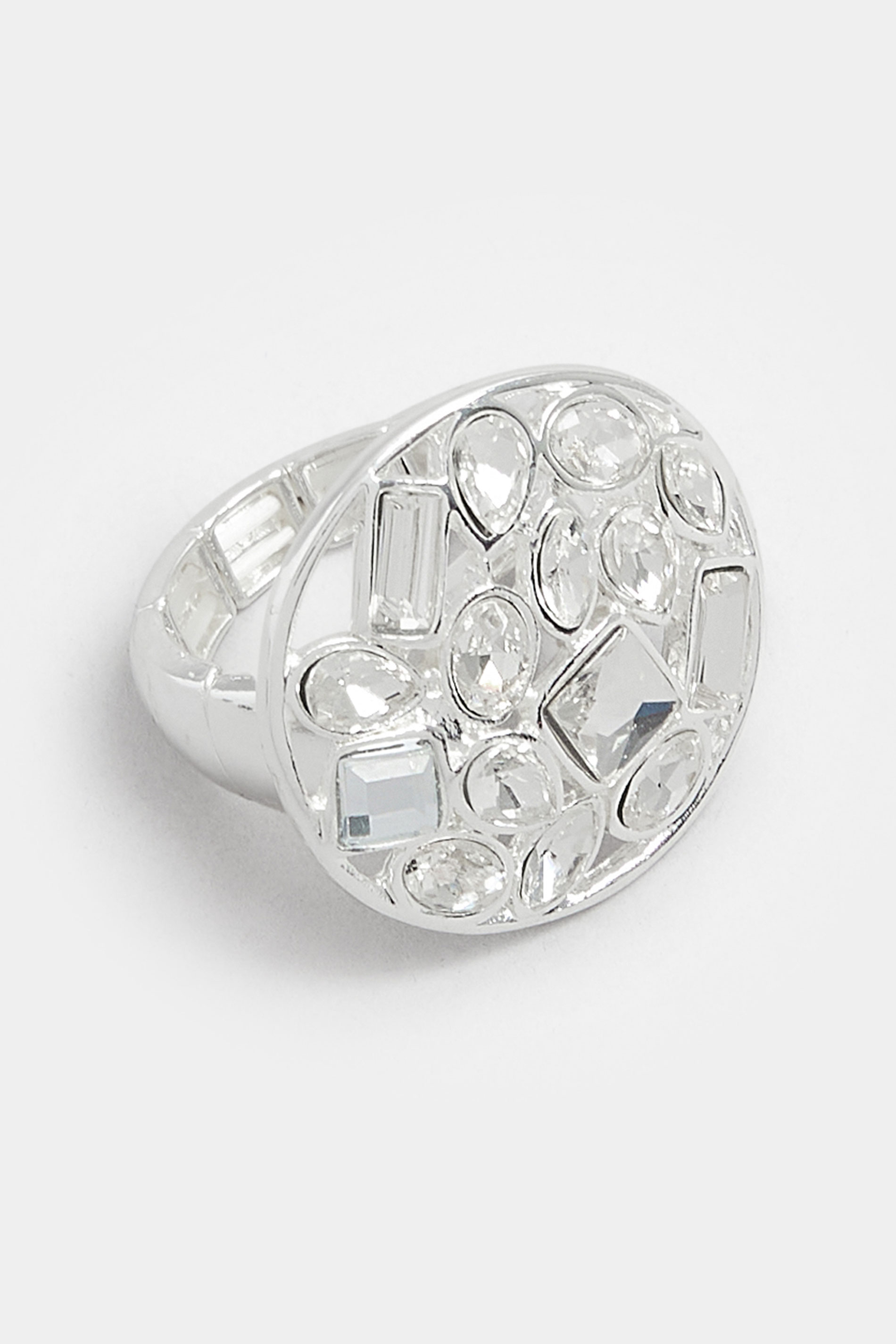 Silver Tone Statement Crystal Stretch Ring | Yours Clothing 2