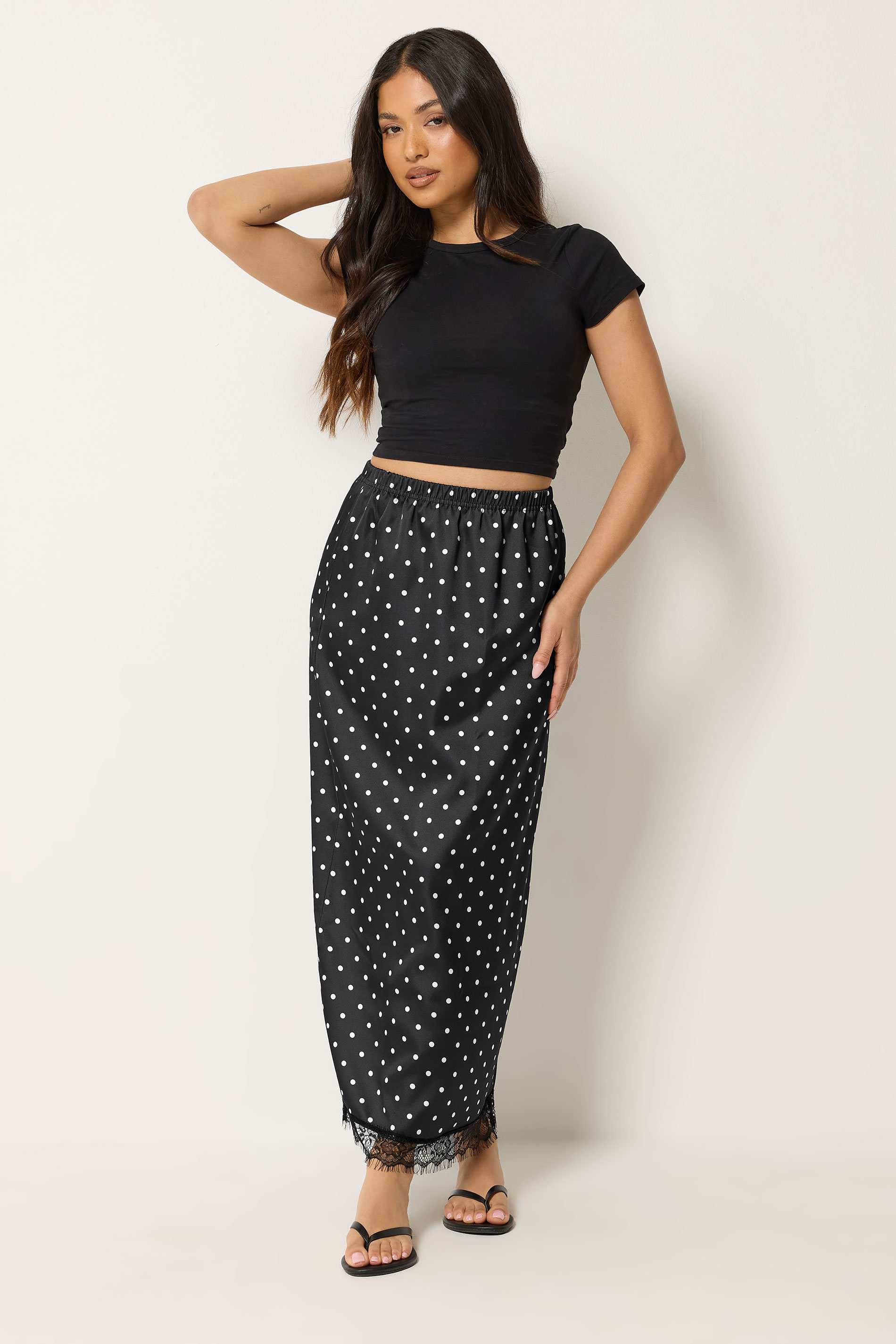 Pixiegirl Women's Black Petite Polka Dot Satin Maxi Skirt Size 12