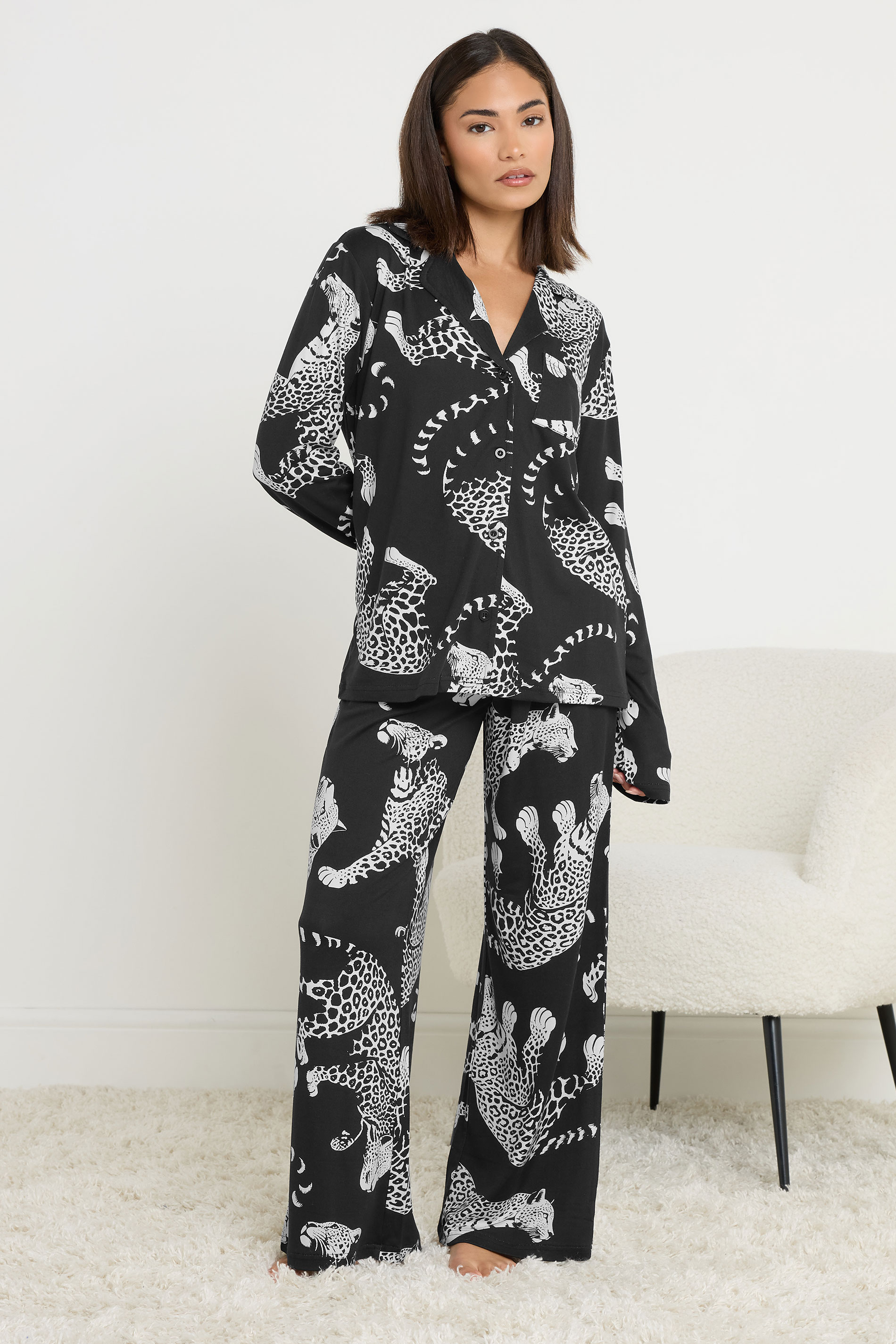 PixieGirl Petite Women's Black Soft Touch Leopard Pyjama Set | PixieGirl 2